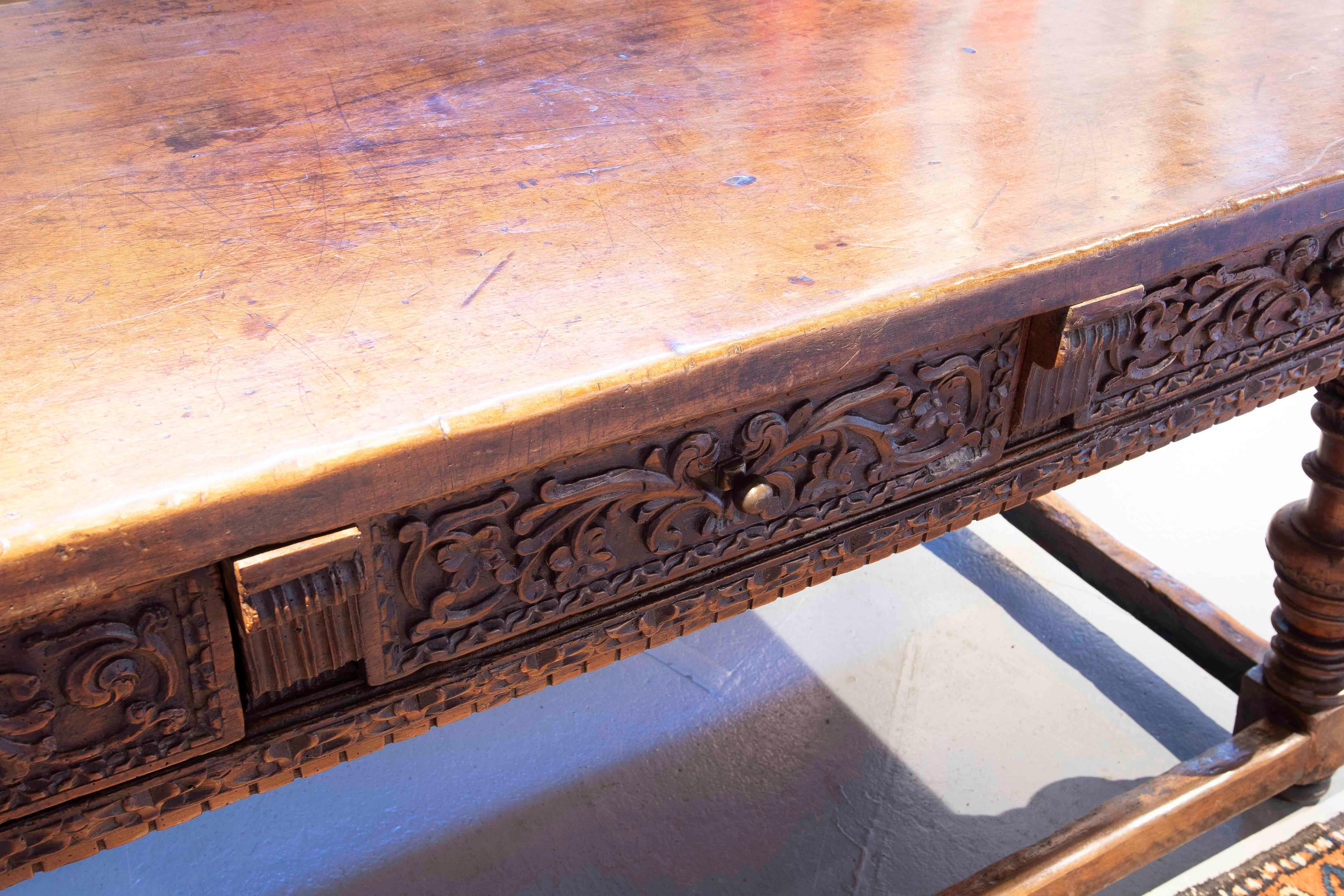 18th Century and Earlier 17th Hand-Carved Wooden Table from Burgos with Drawers For Sale