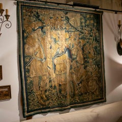 17° Importante arazzo fiammingo raffigurante la caccia e il corteggiamento in un paesaggio esotico