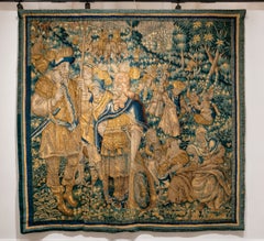 17° Importante arazzo fiammingo raffigurante la caccia e il corteggiamento in un paesaggio esotico