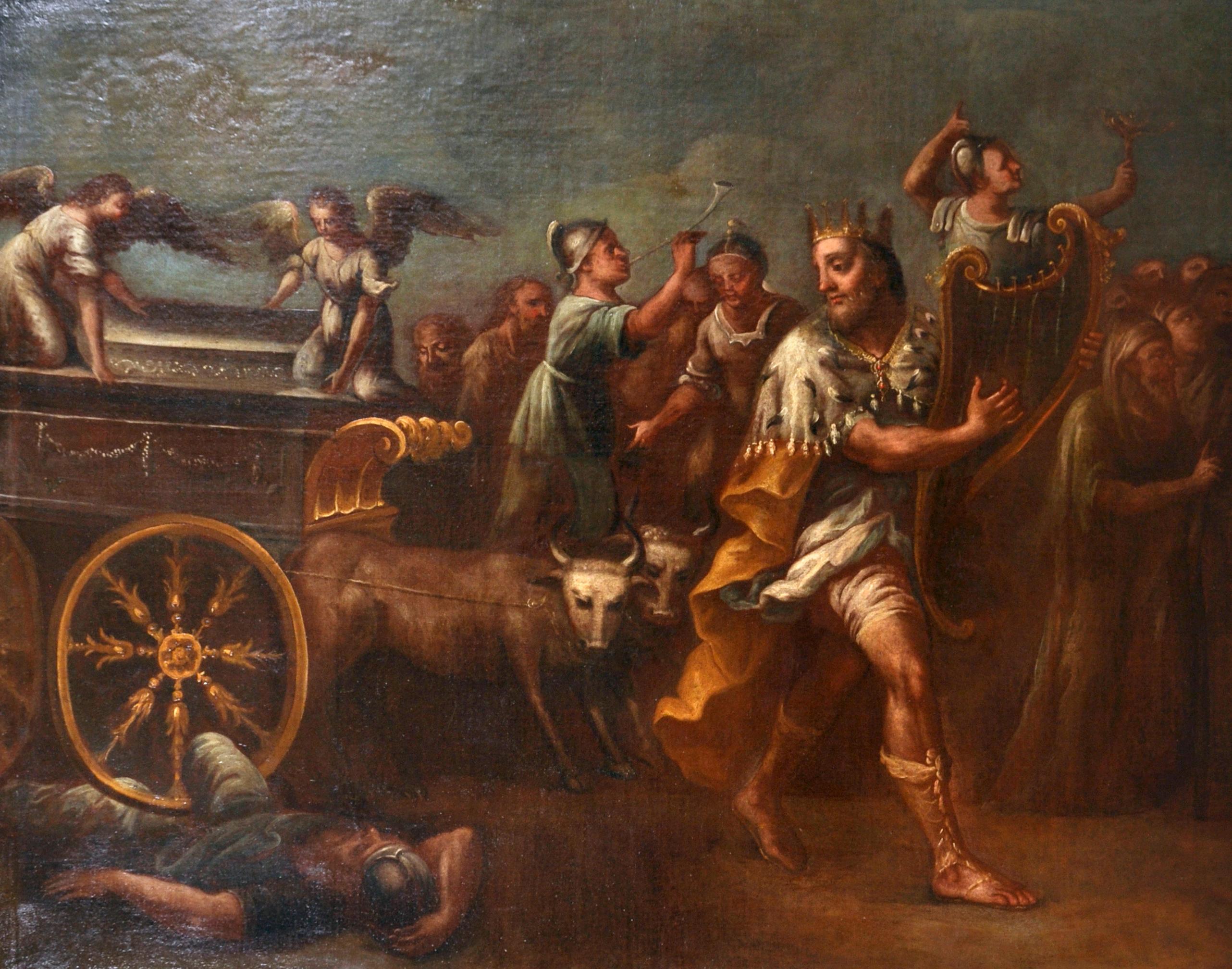 Grand tableau italien du 17ème siècle Le retour de l'arche de la conquête