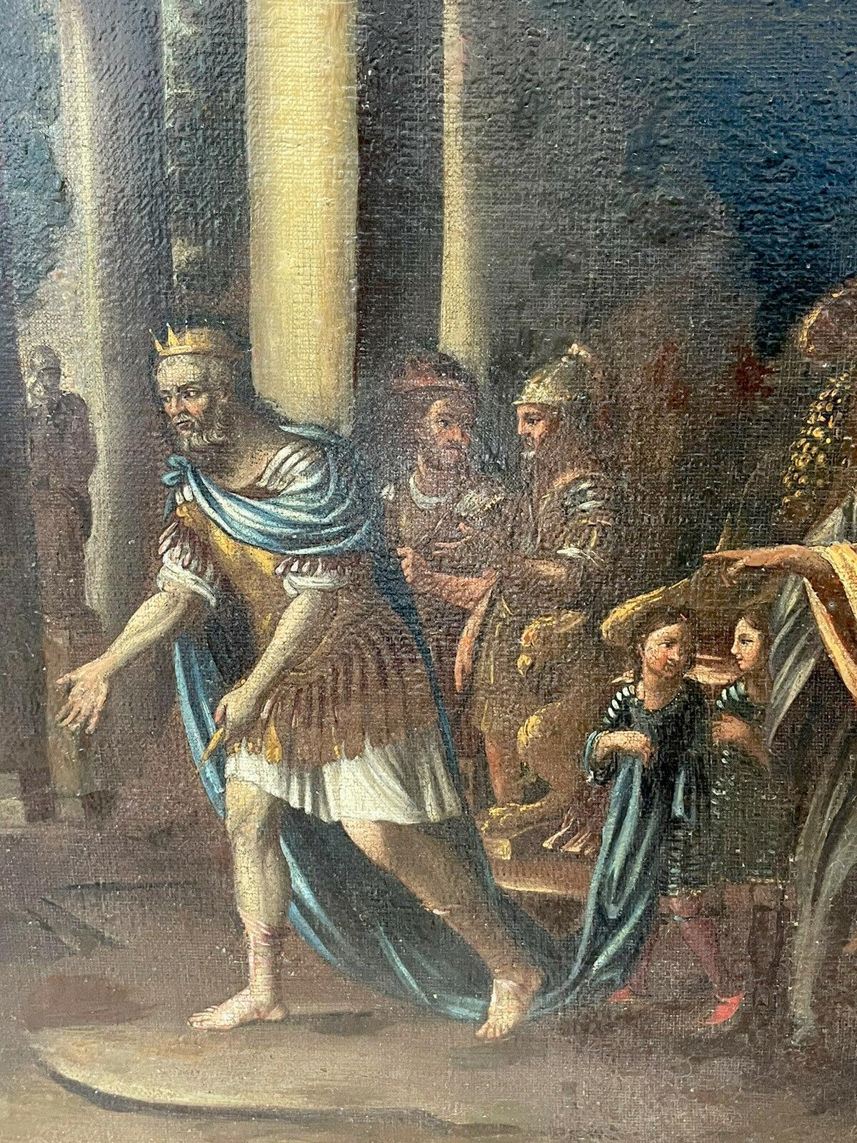 Artista/ Escuela: Escuela italiana, siglo XVII.

Título: Un rey y una reina ante figuras de la corte, en medio de un paisaje clásico con columnas romanas.

Técnica: Óleo sobre lienzo, enmarcado

Tamaño: lienzo: 38 x 53 pulgadas, bastidor general: 45