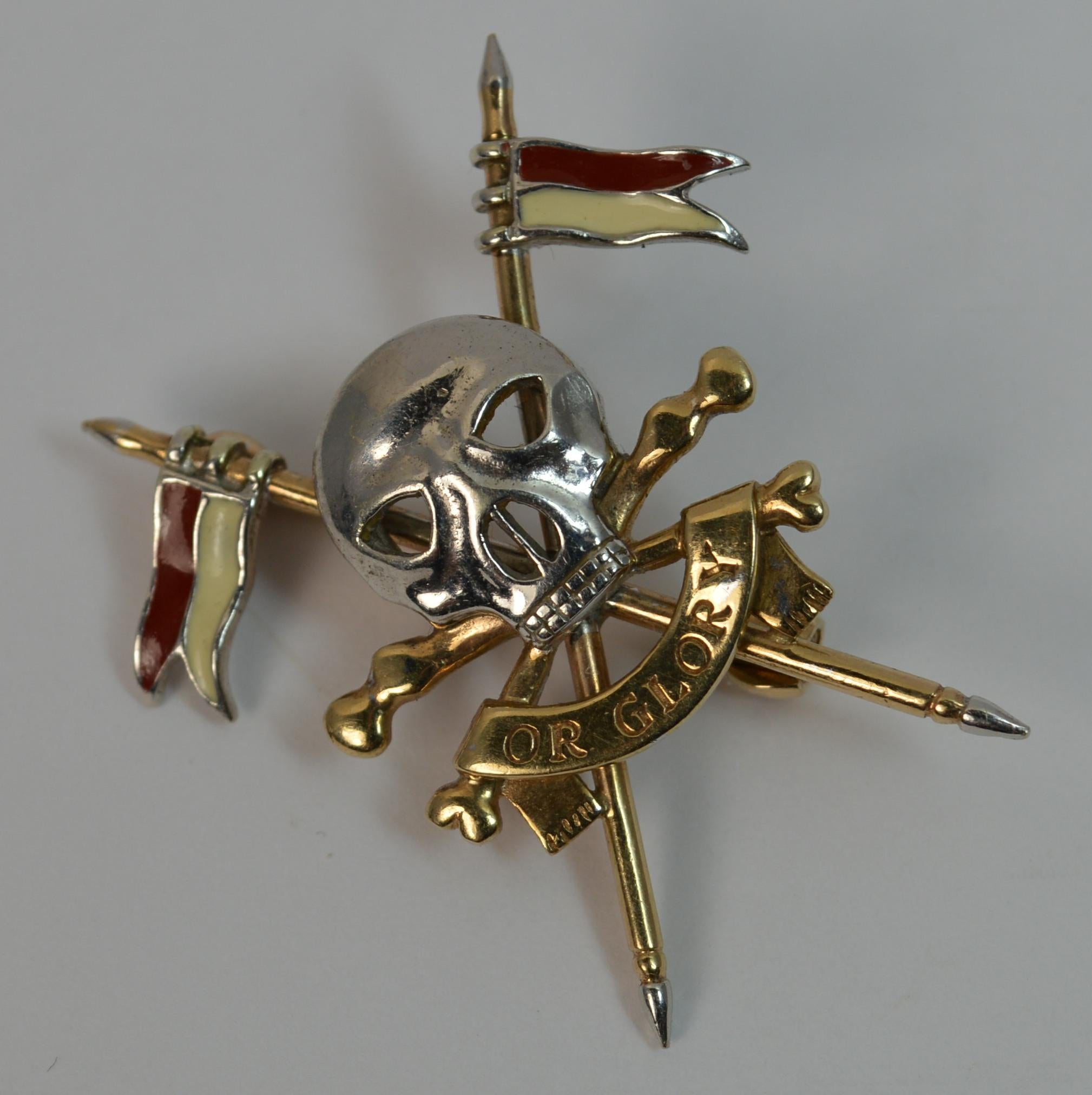 Victorian 17th Lancers Death or Glory 9 Carat Gold Skull Design Brooch