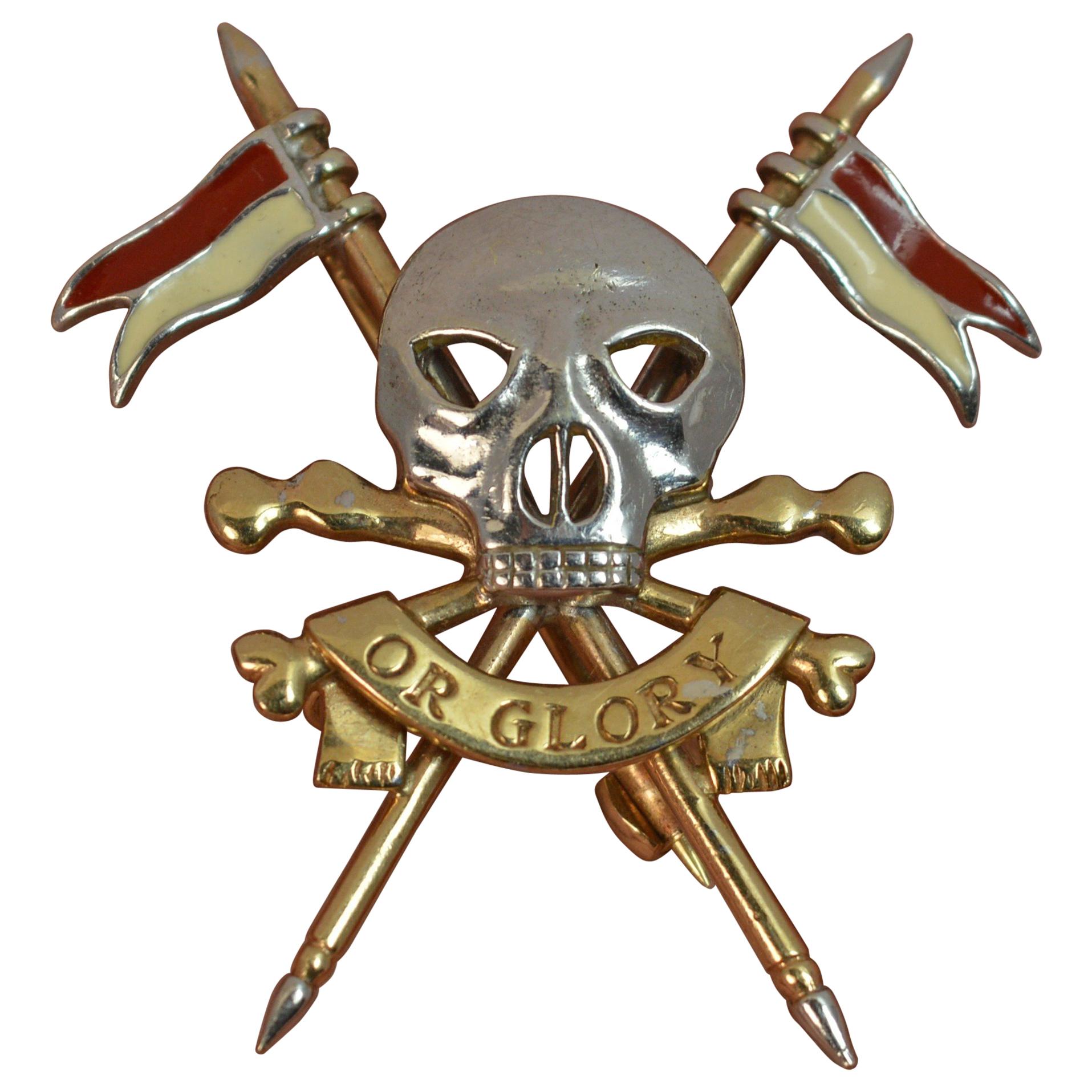 17th Lancers Death or Glory 9 Carat Gold Skull Design Brooch