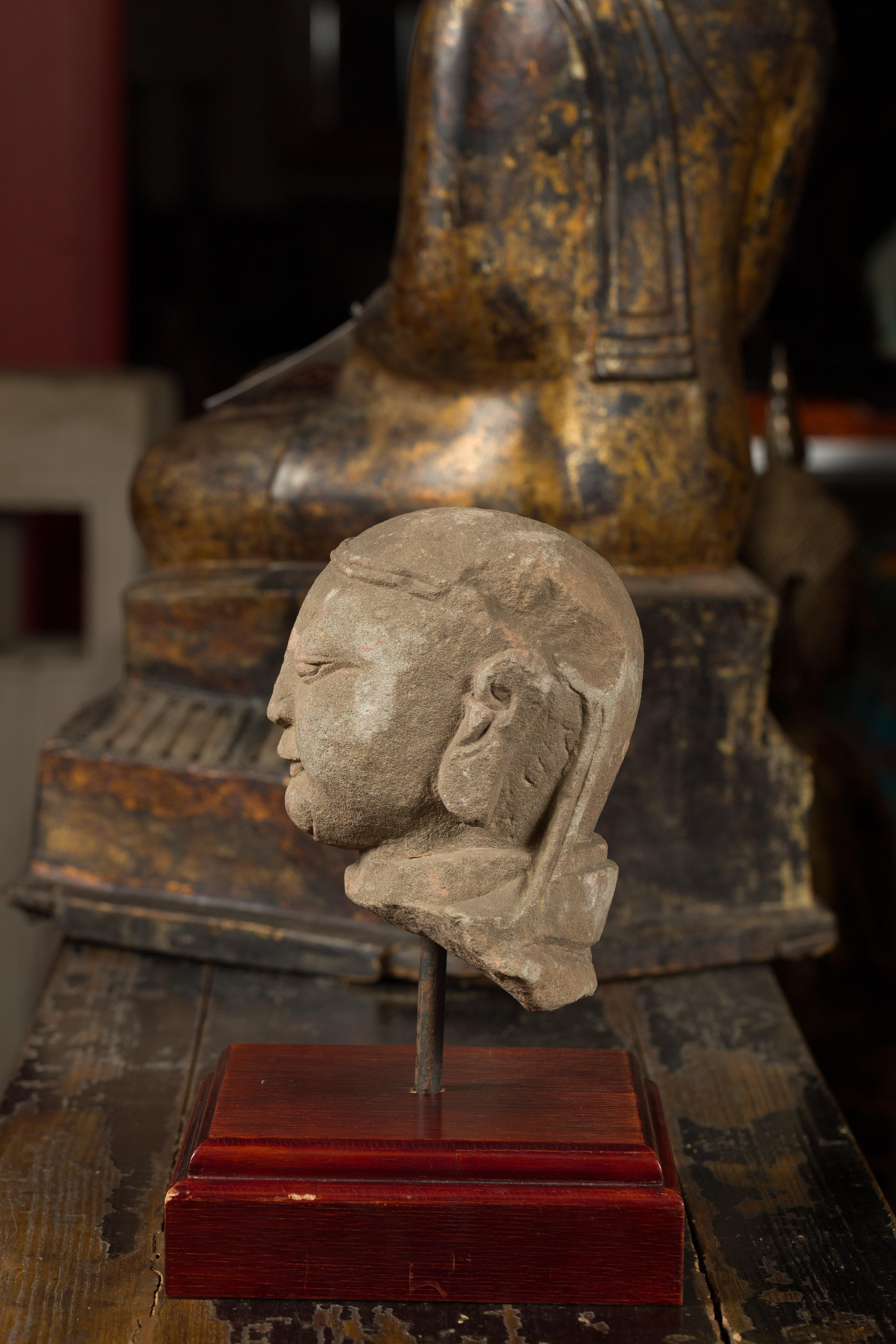 17th or 18 Century Burmese Hand Carved Stone Head of a Man Mounted on Base For Sale 4