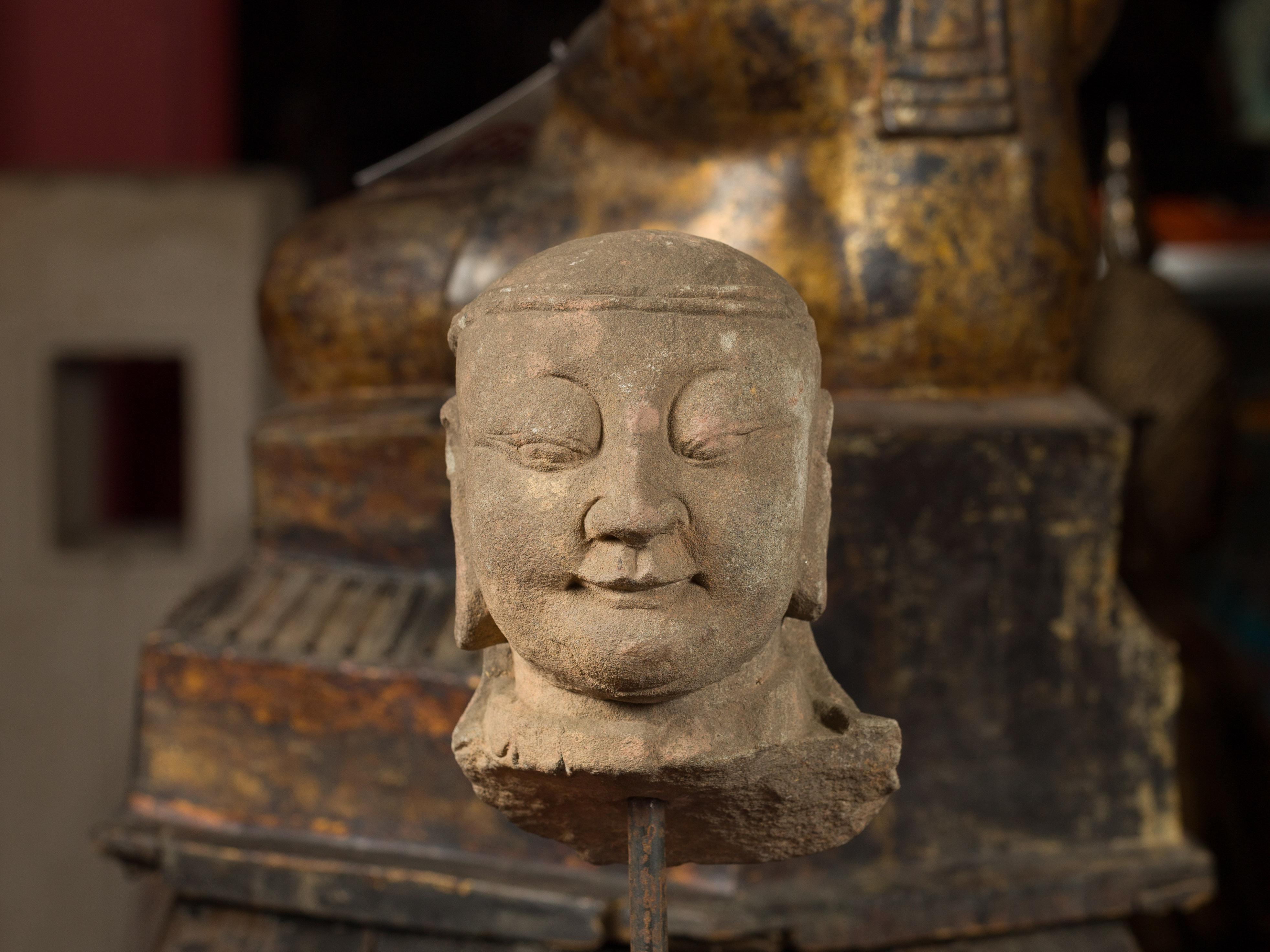 Hand-Carved 17th or 18 Century Burmese Hand Carved Stone Head of a Man Mounted on Base For Sale