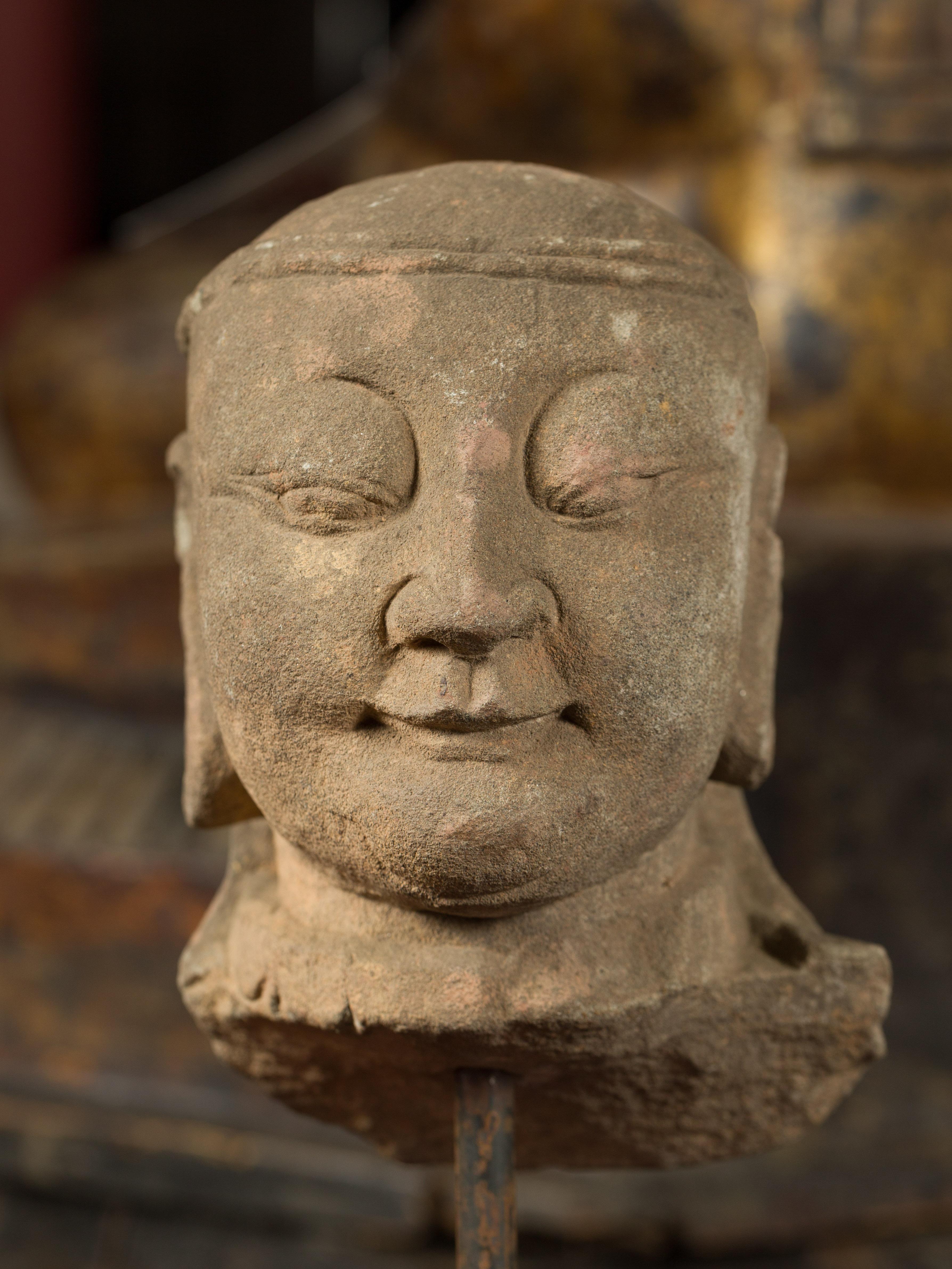 18th Century and Earlier 17th or 18 Century Burmese Hand Carved Stone Head of a Man Mounted on Base For Sale