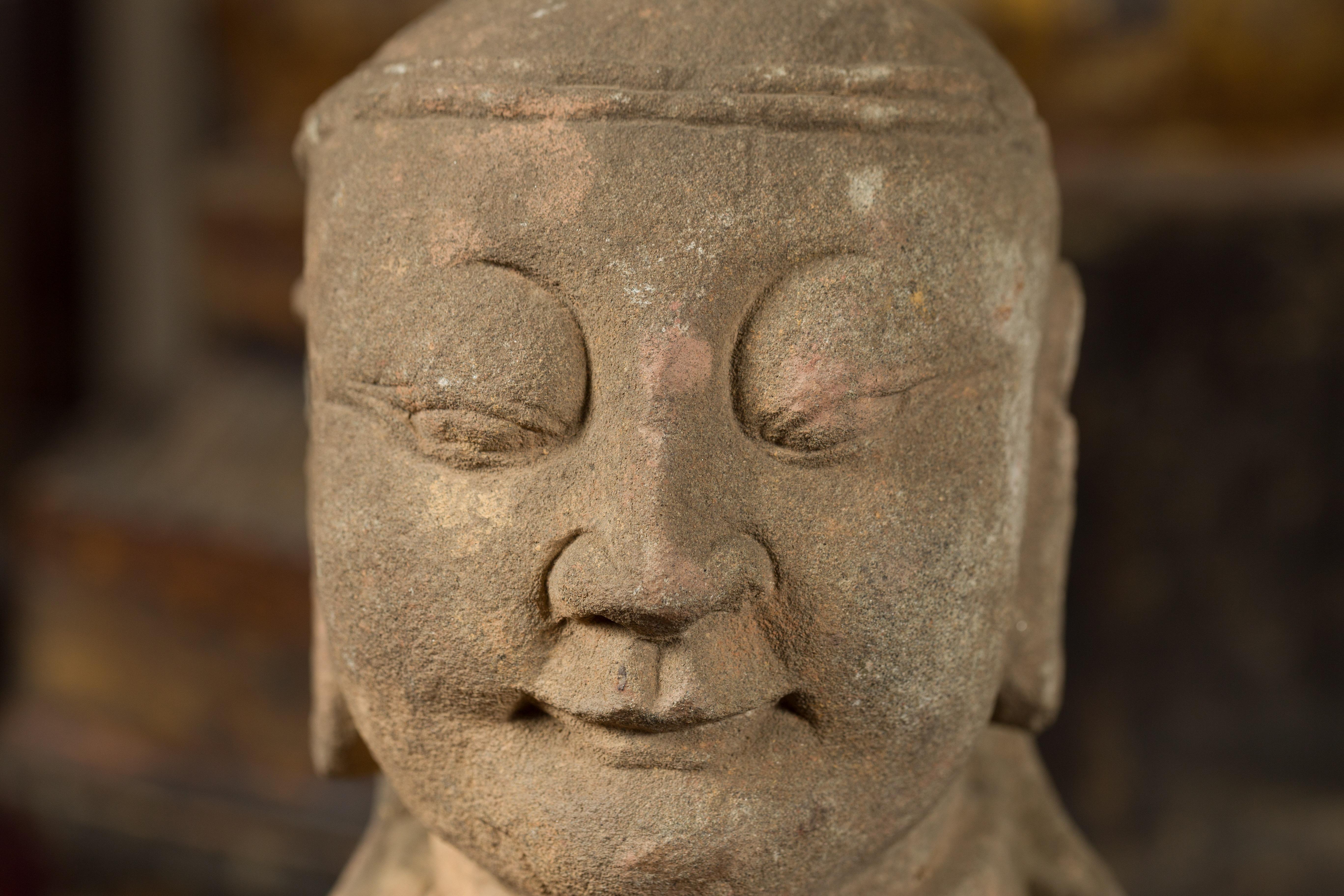 17th or 18 Century Burmese Hand Carved Stone Head of a Man Mounted on Base For Sale 1