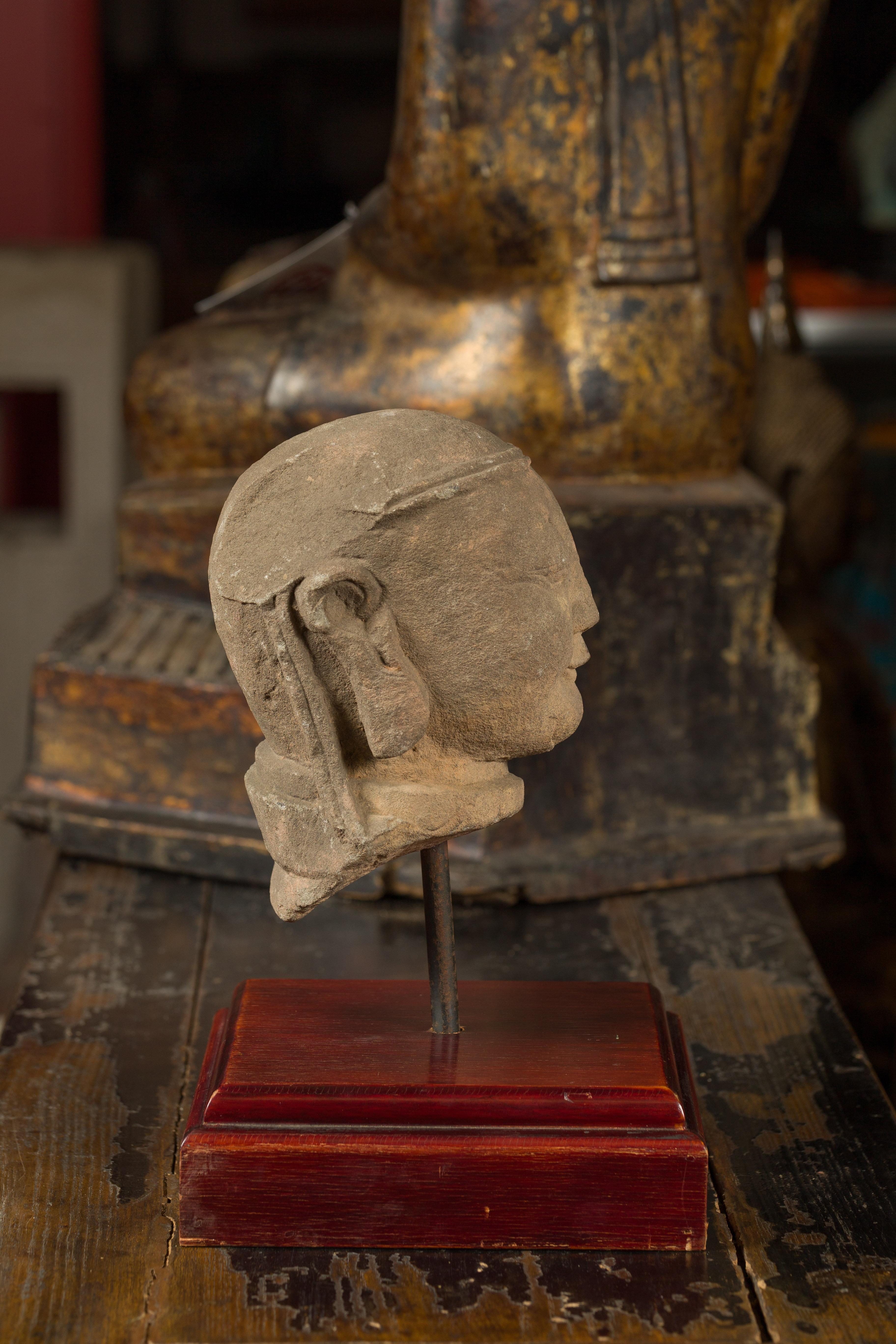 17th or 18 Century Burmese Hand Carved Stone Head of a Man Mounted on Base For Sale 2