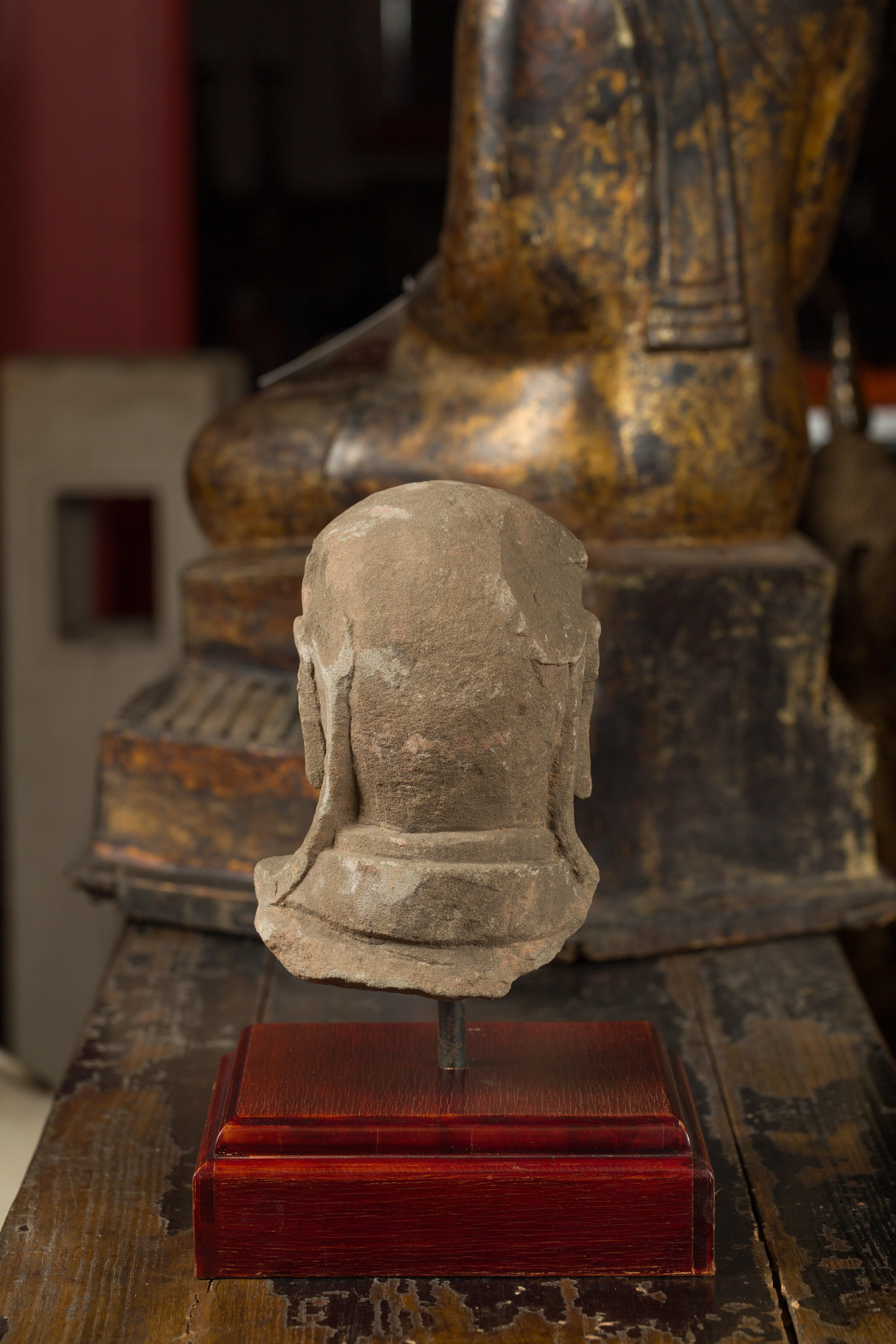 17th or 18 Century Burmese Hand Carved Stone Head of a Man Mounted on Base For Sale 3