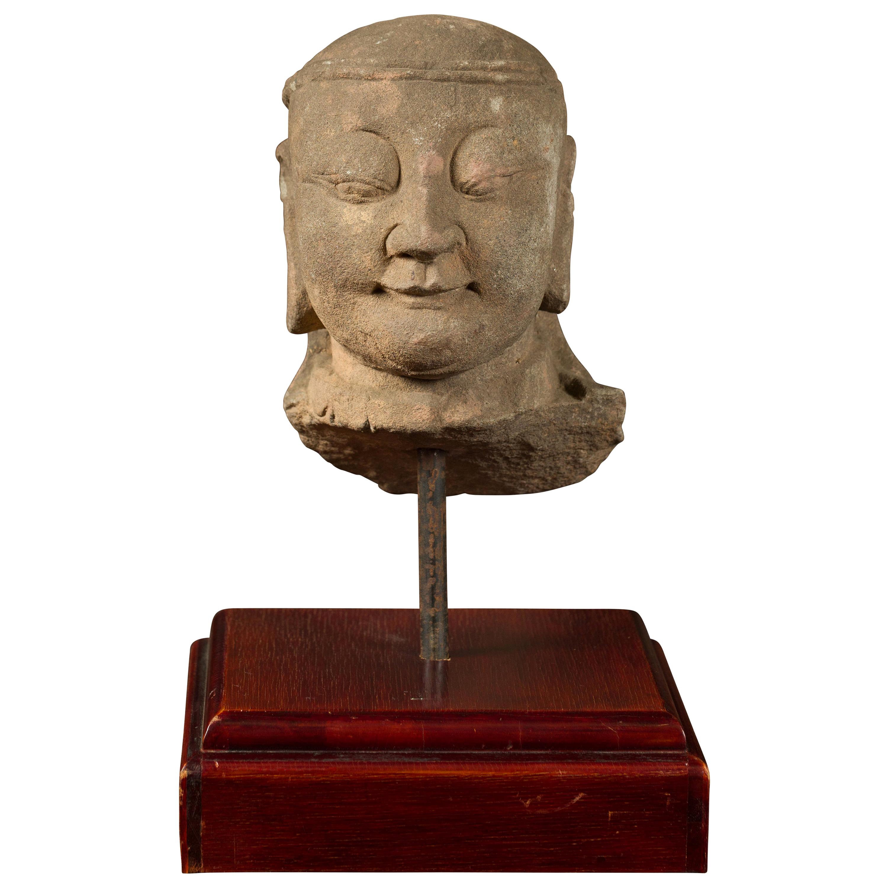 17th or 18 Century Burmese Hand Carved Stone Head of a Man Mounted on Base