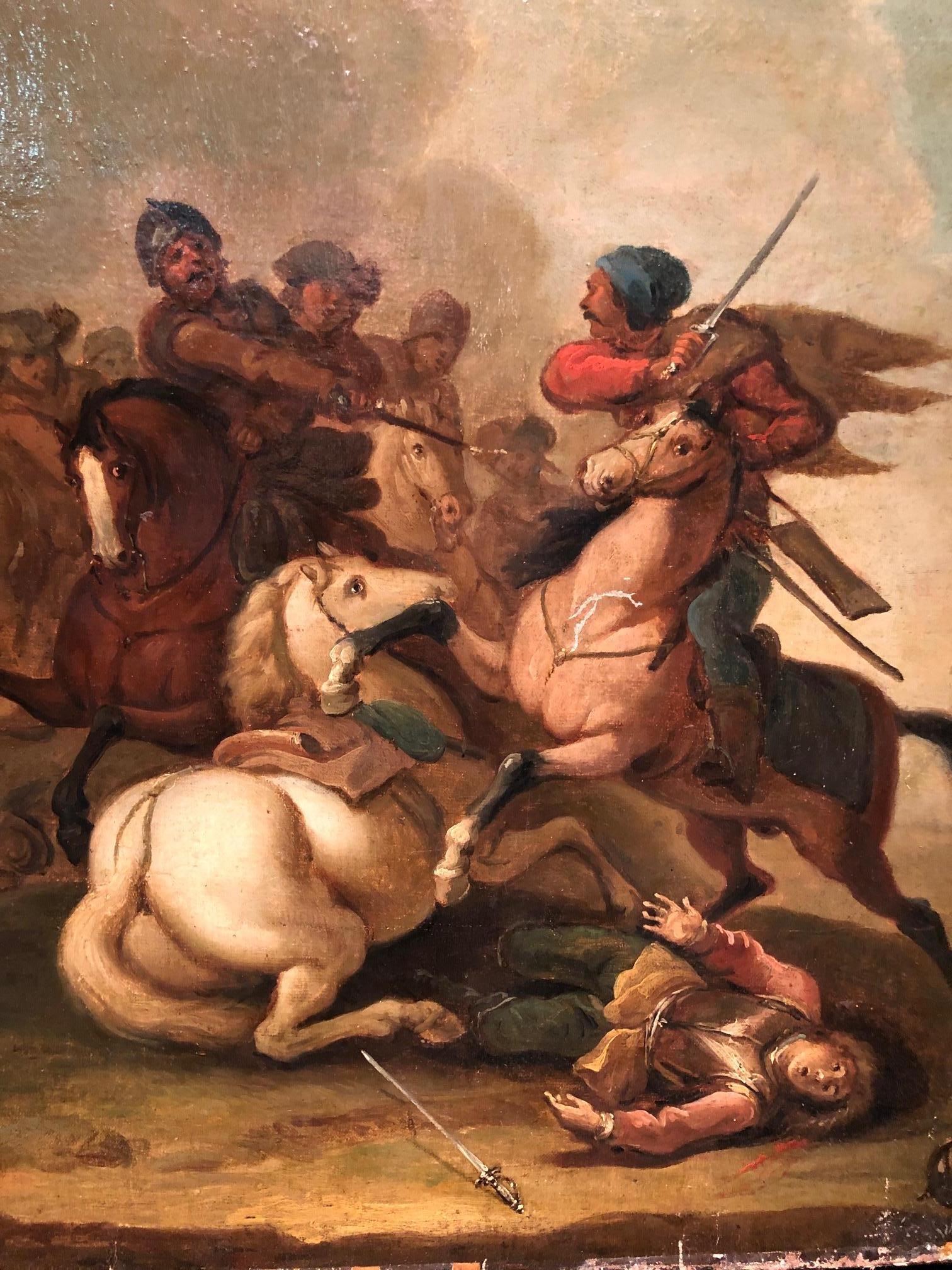Beautiful painting represents a battle. Painted to restore but of high quality. Circle di Francesco Graziani.