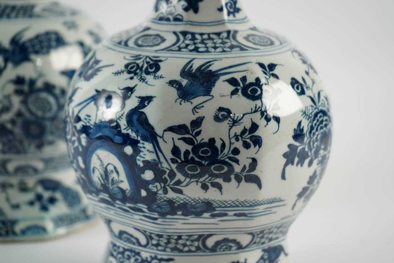 Dutch 17th Pair of Blue and White Faience Delft Vases