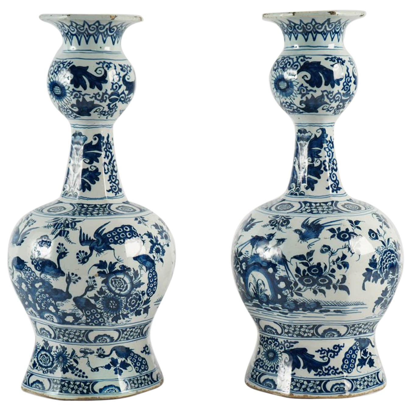 17th Pair of Blue and White Faience Delft Vases