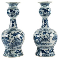 Antique 17th Pair of Blue and White Faience Delft Vases
