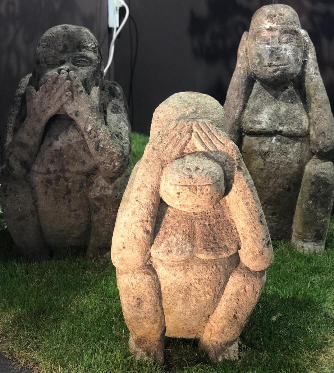 Set of Three Stone Sculptures Depicting Three Monkeys of Different Sizei 3