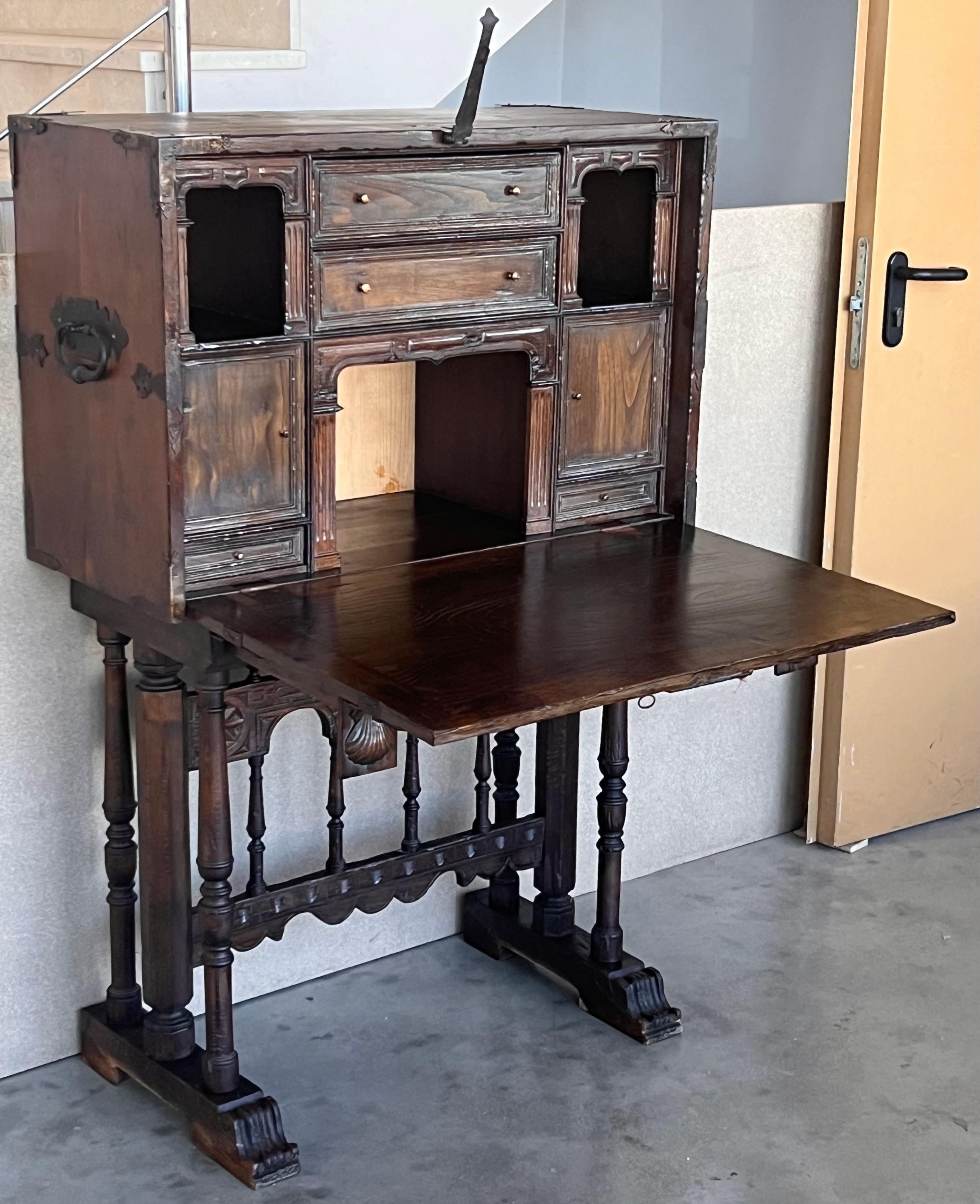 17th Spanish Walnut Cabinet on Stand, Desk, Original ‘Bargueño’ In Good Condition For Sale In Miami, FL