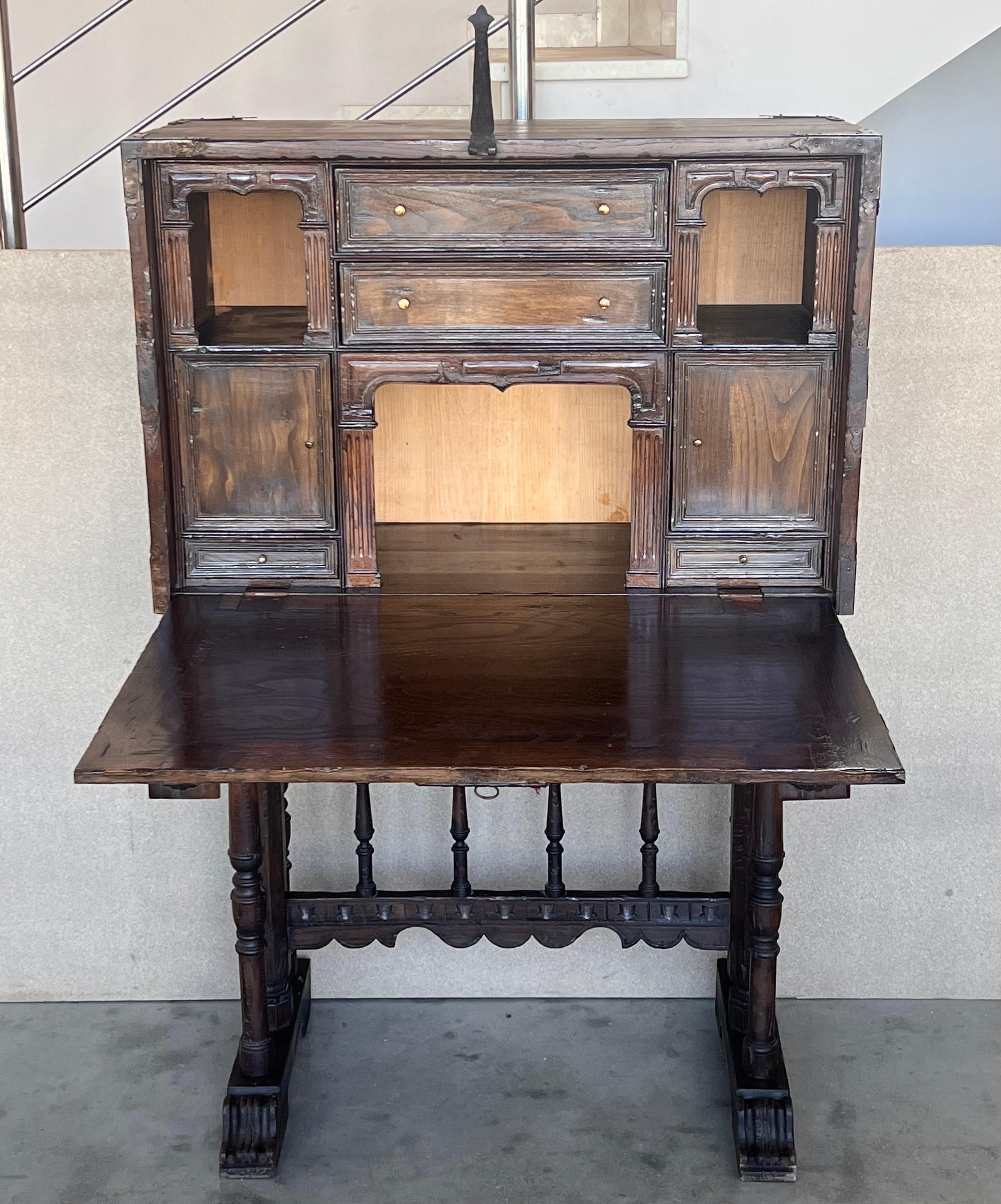 18th Century and Earlier 17th Spanish Walnut Cabinet on Stand, Desk, Original ‘Bargueño’ For Sale