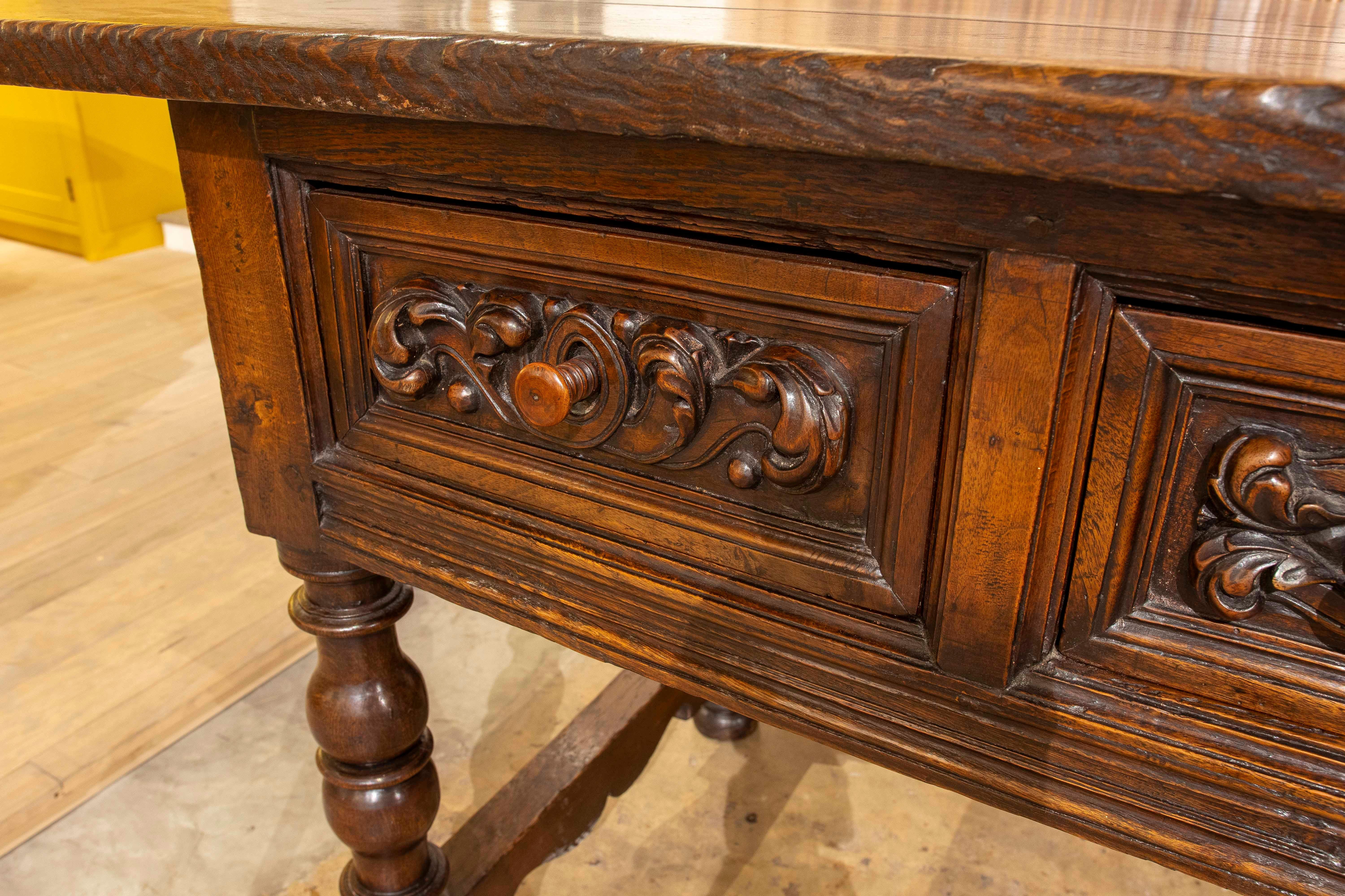 17th Spanish Walnut Table with Hand Carved Drawers & Turned Legs 6