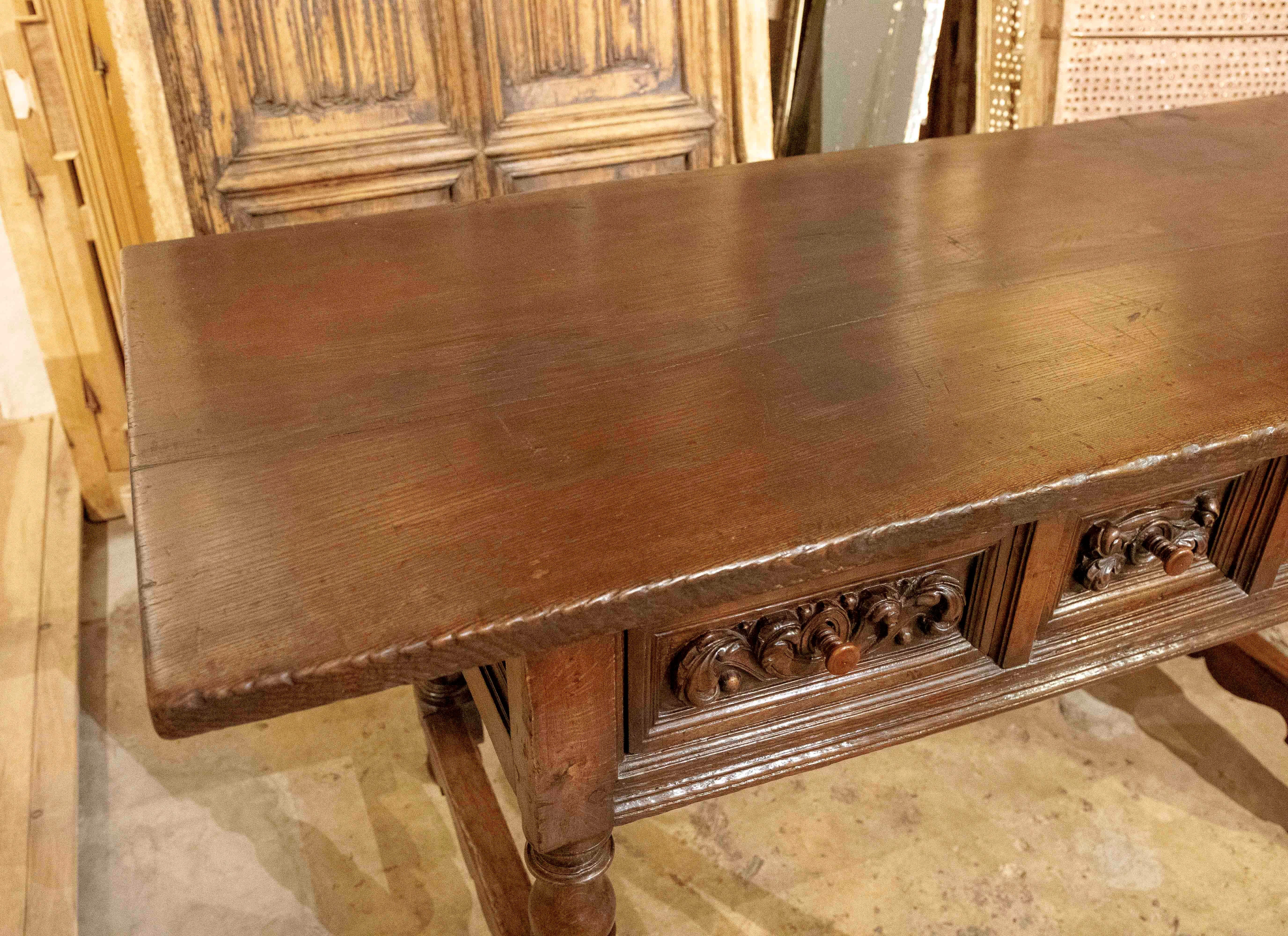 17th Spanish Walnut Table with Hand Carved Drawers & Turned Legs 7
