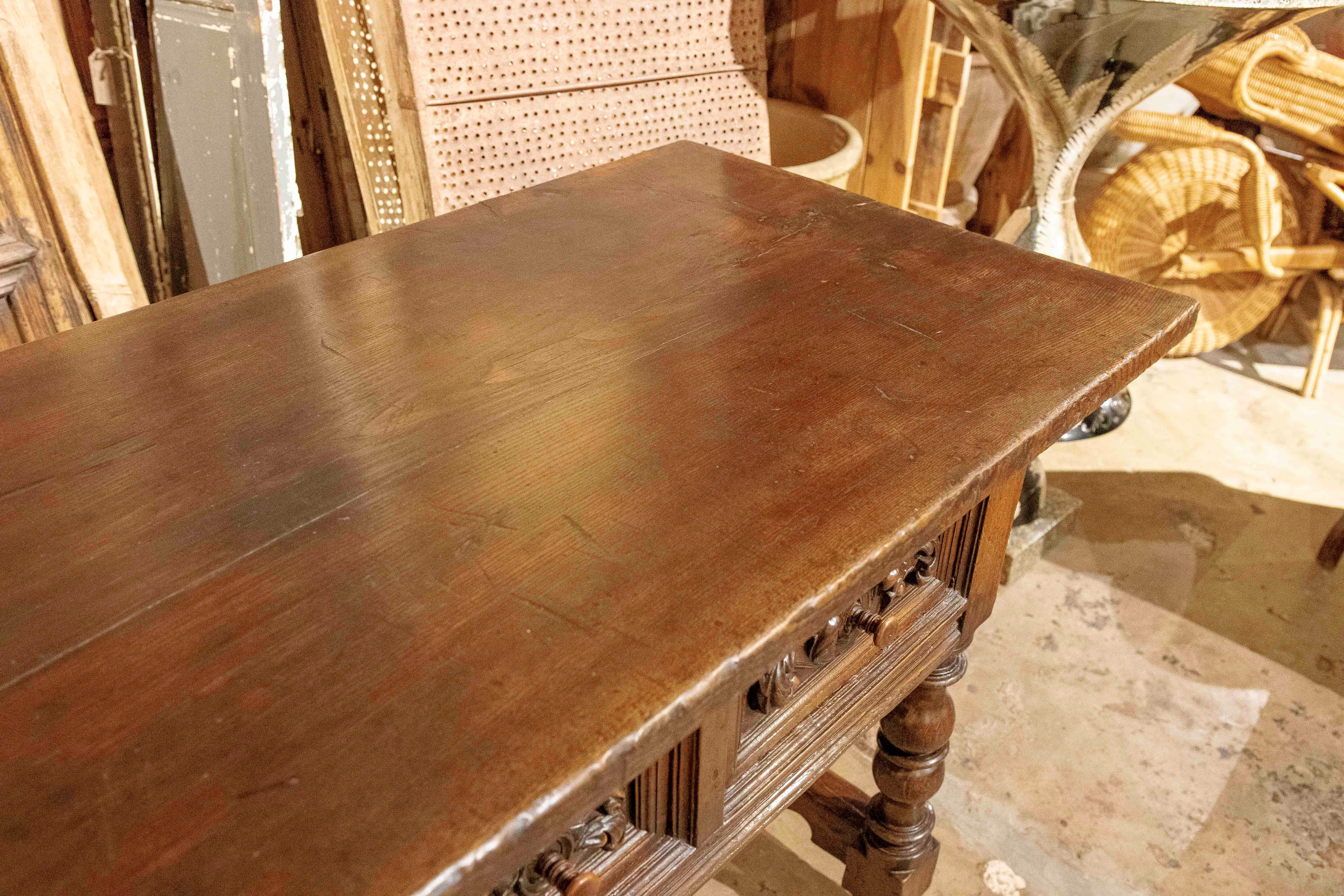 17th Spanish Walnut Table with Hand Carved Drawers & Turned Legs 8
