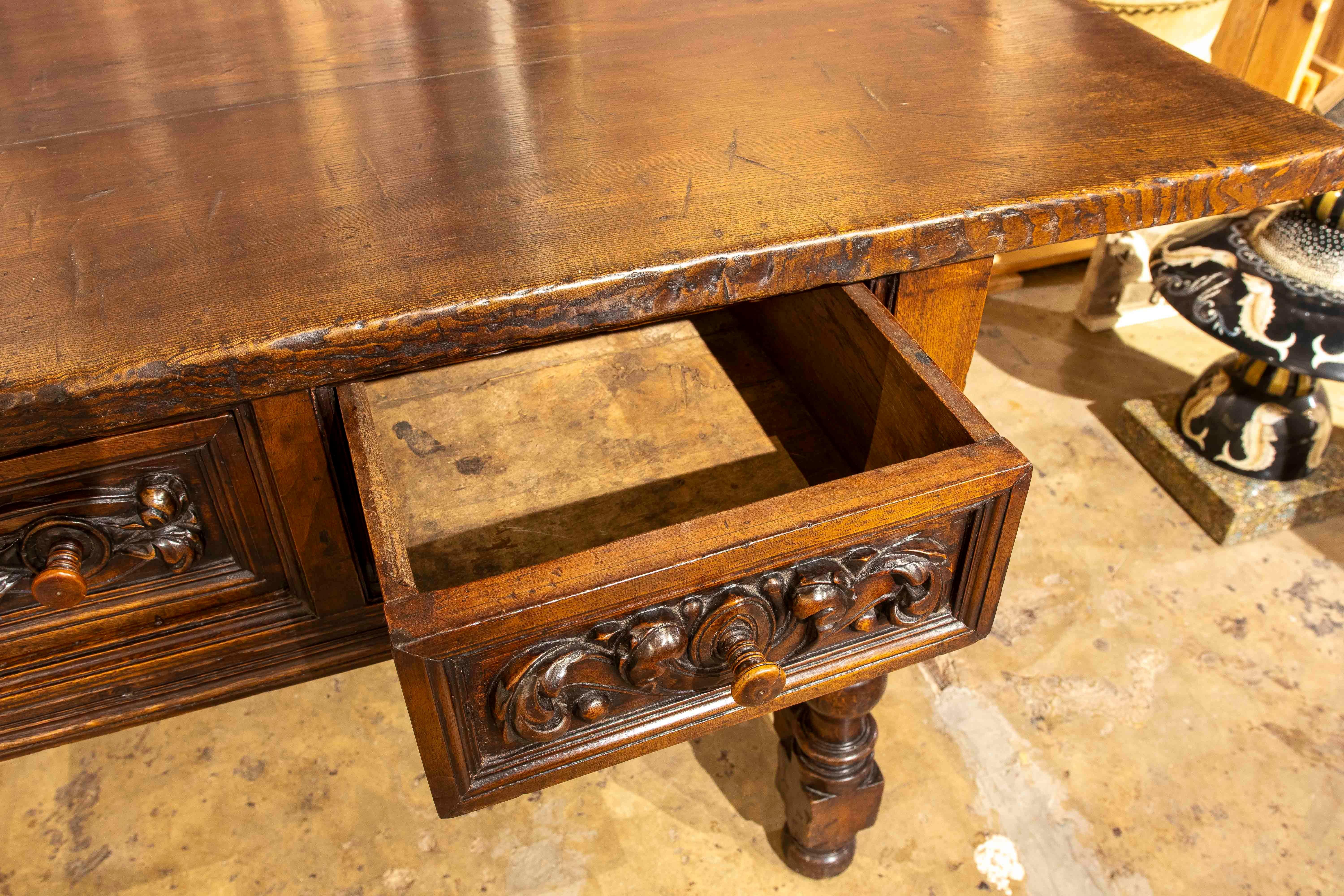 18th Century and Earlier 17th Spanish Walnut Table with Hand Carved Drawers & Turned Legs