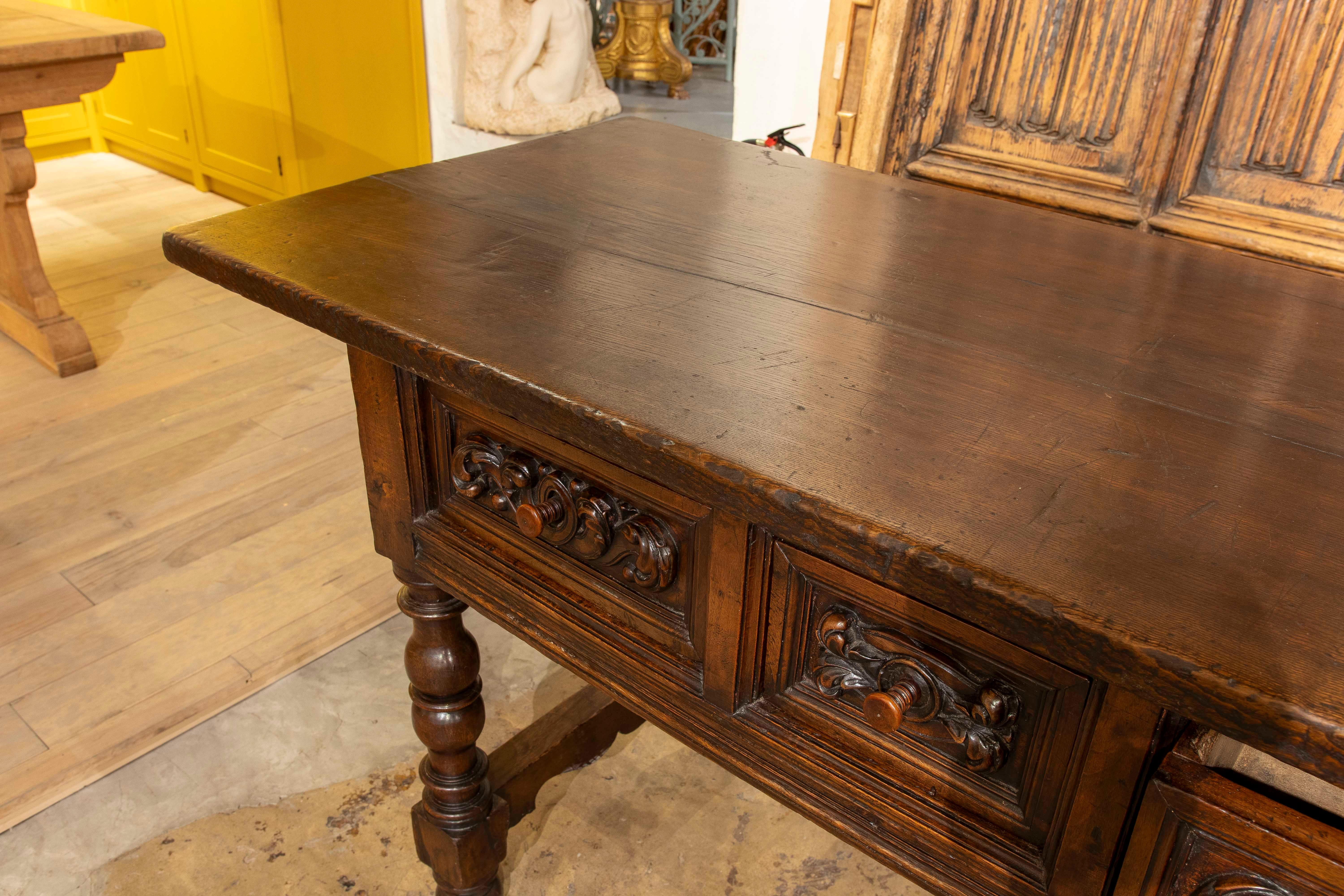 17th Spanish Walnut Table with Hand Carved Drawers & Turned Legs 1