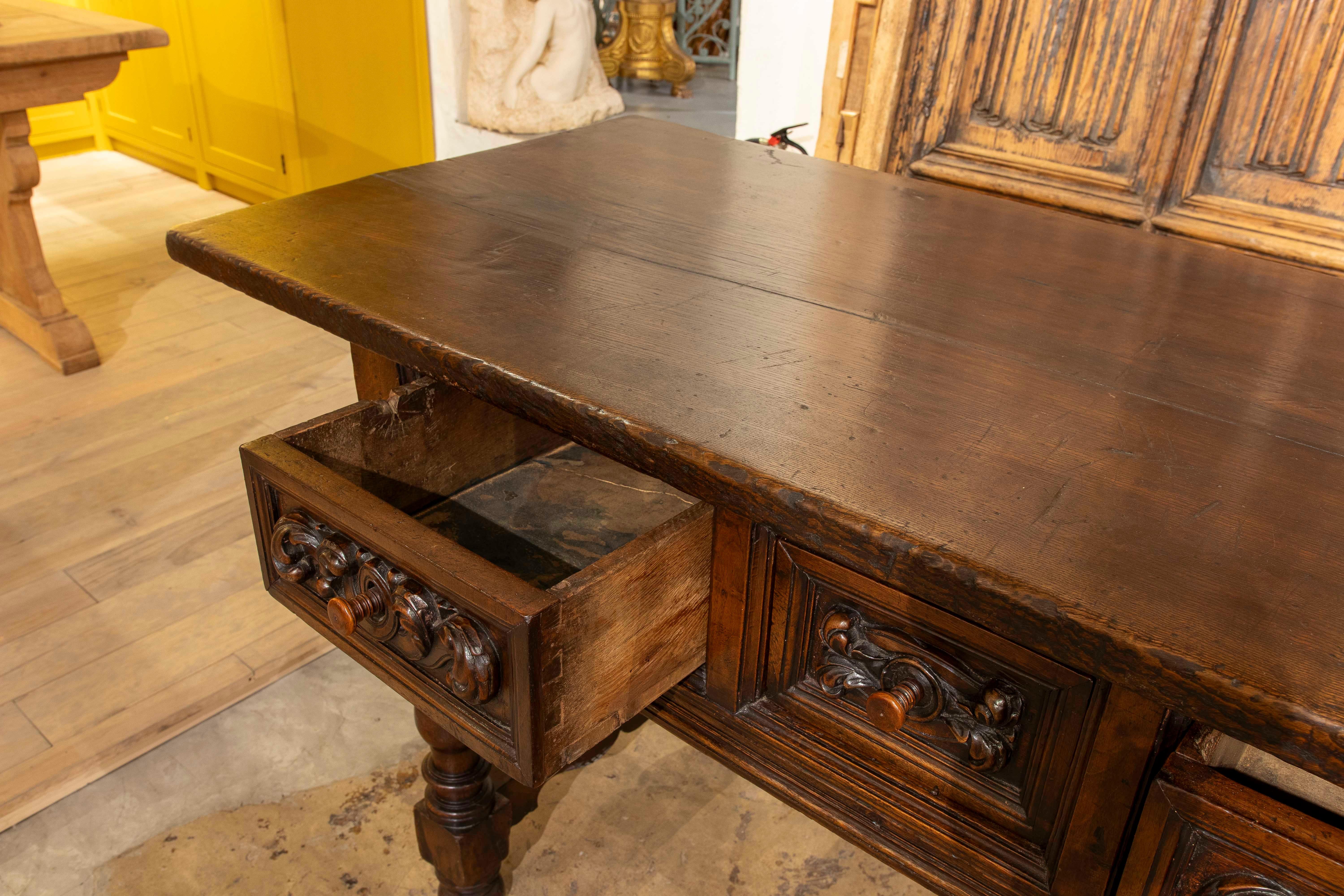 17th Spanish Walnut Table with Hand Carved Drawers & Turned Legs 2