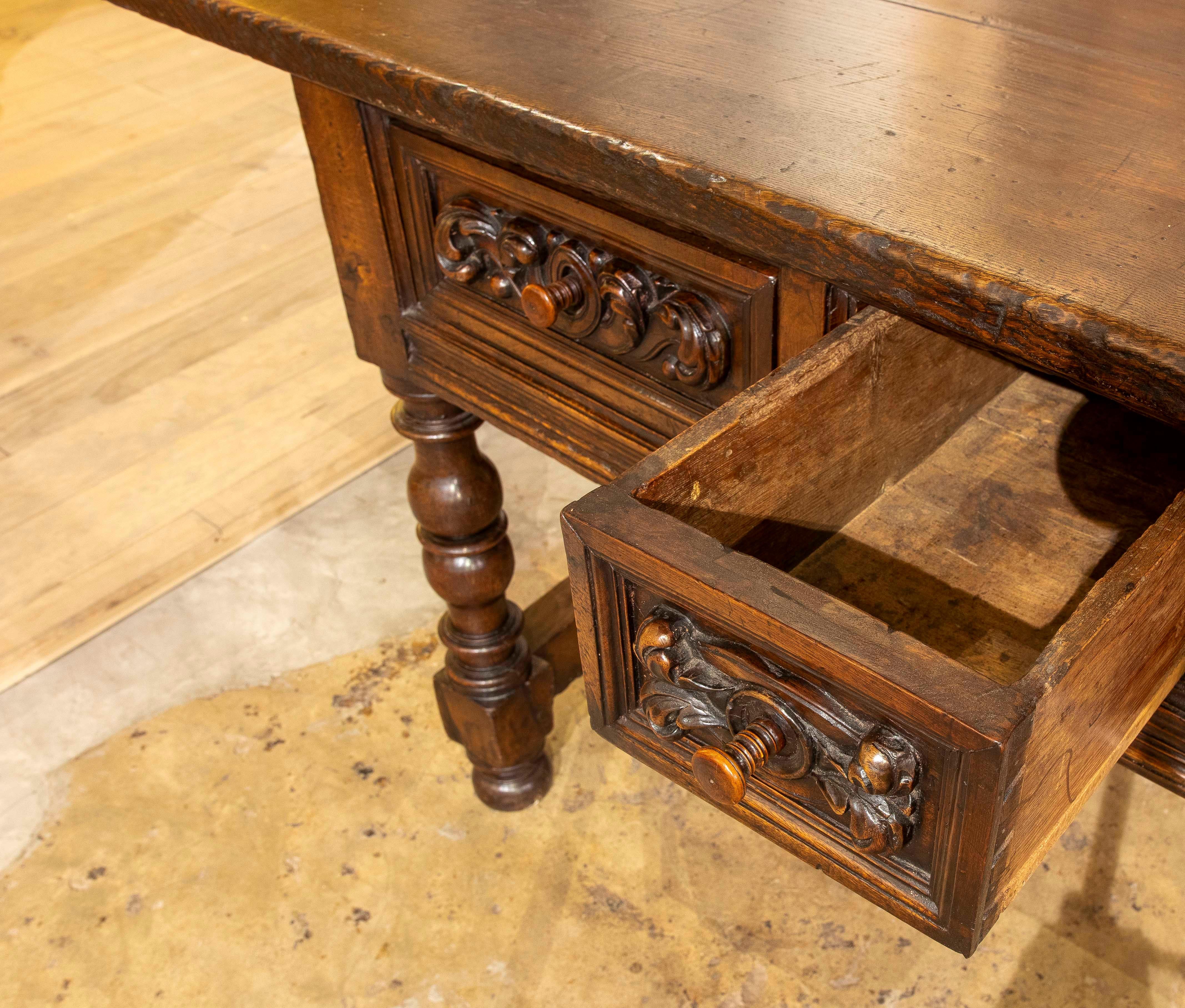17th Spanish Walnut Table with Hand Carved Drawers & Turned Legs 3