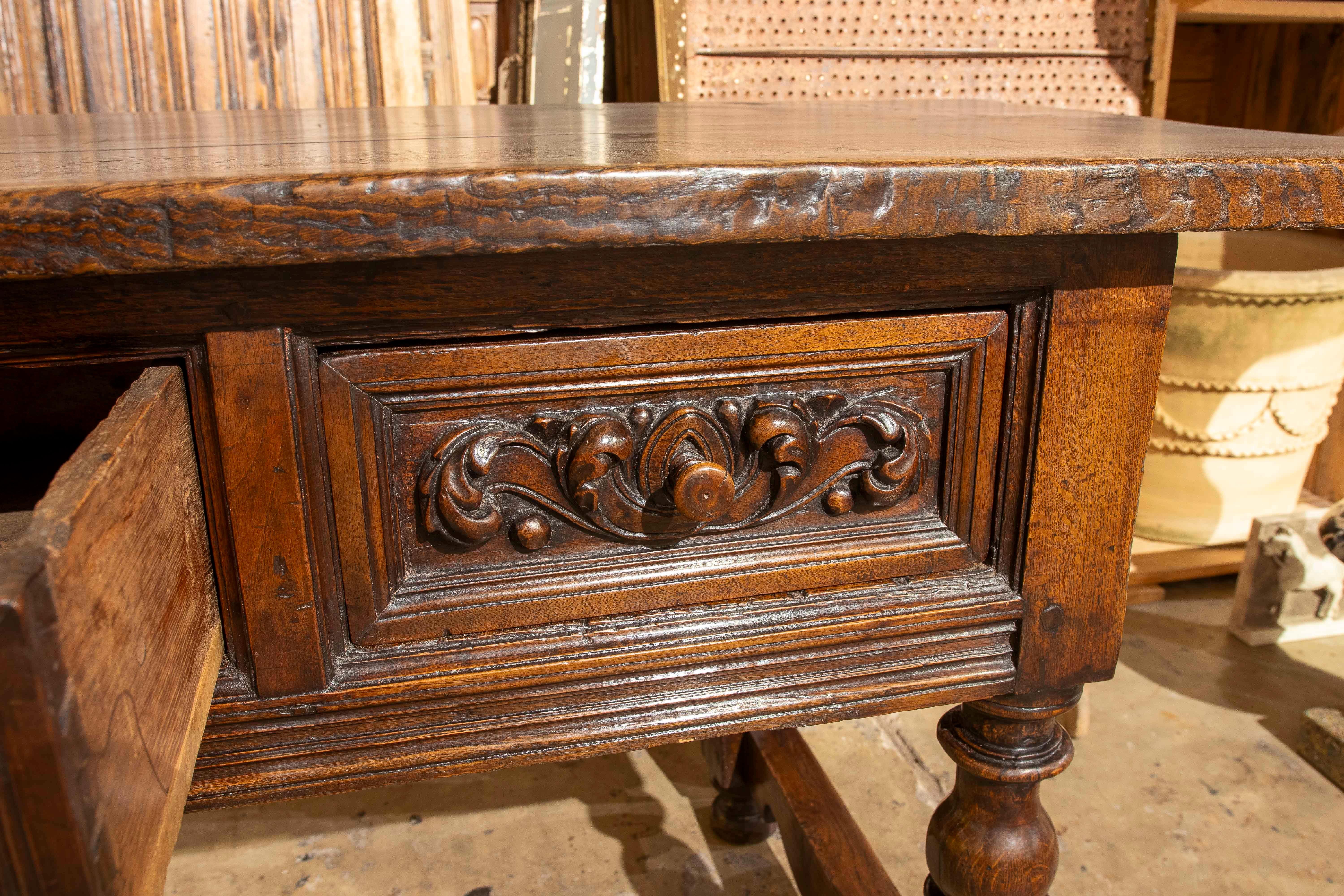 17th Spanish Walnut Table with Hand Carved Drawers & Turned Legs 4