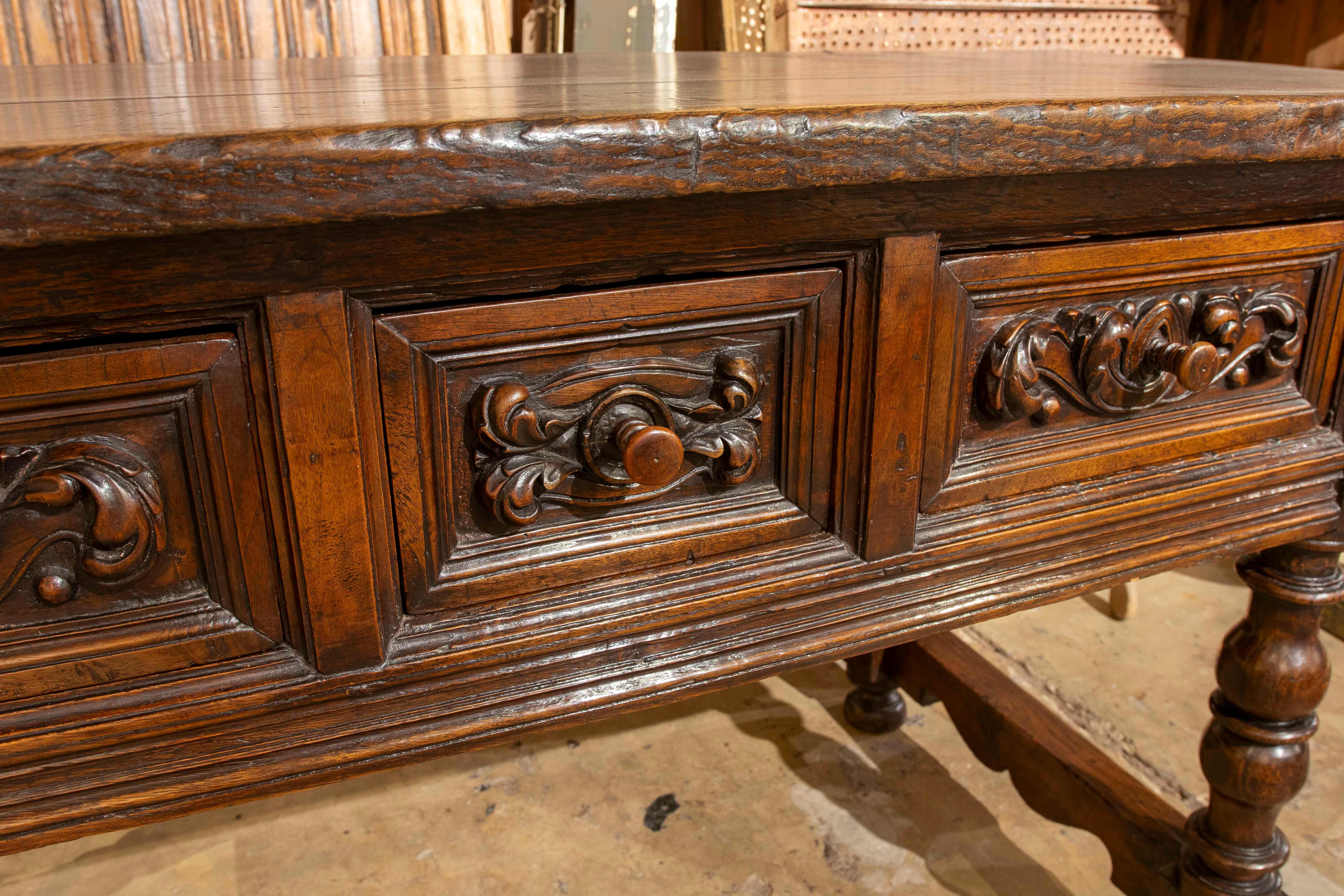 17th Spanish Walnut Table with Hand Carved Drawers & Turned Legs 5
