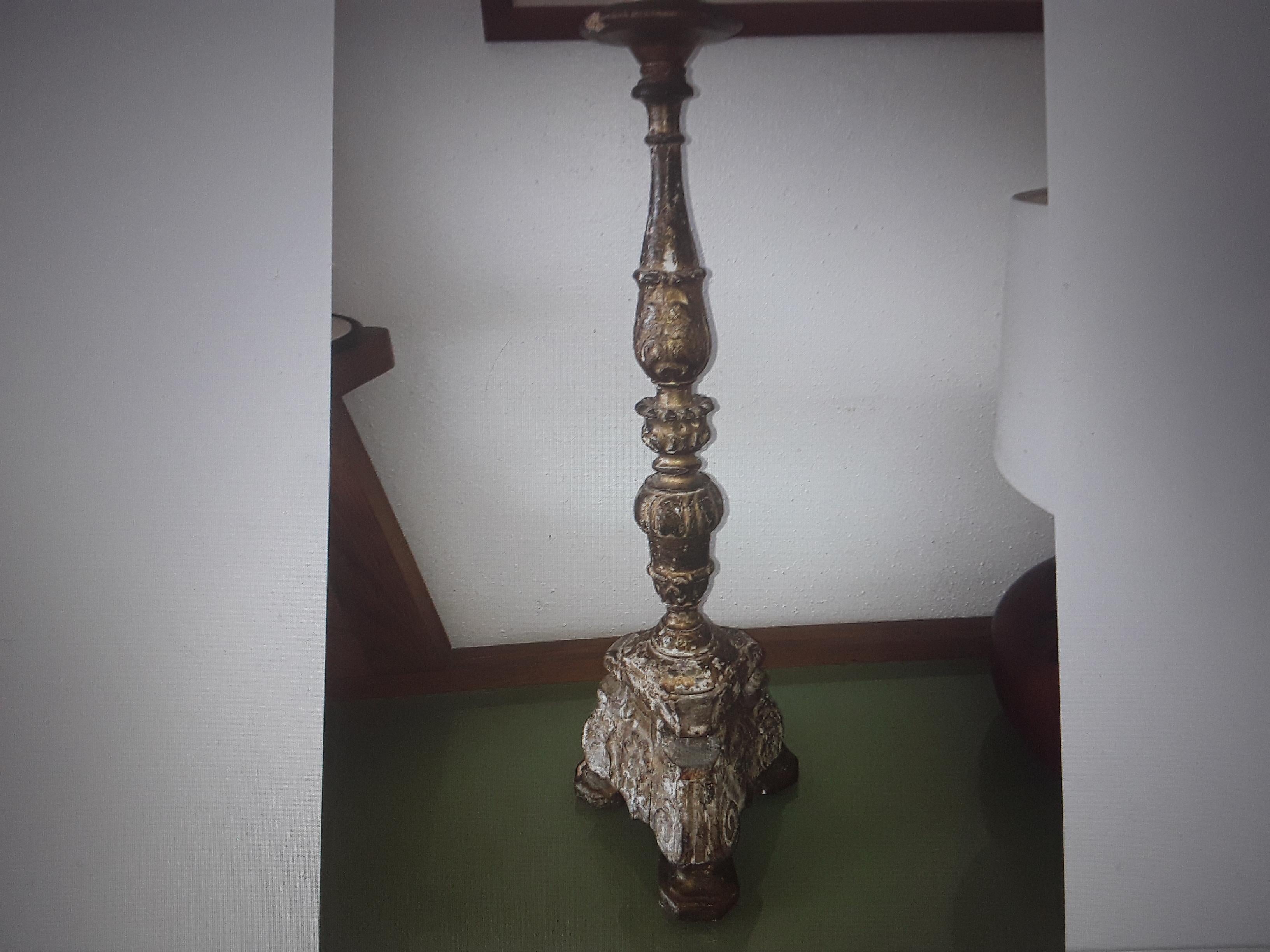 Rococo 17thc Antique French Louis XVI Carved Wood Candle Holder/ Now a Lamp Gilt Traces For Sale