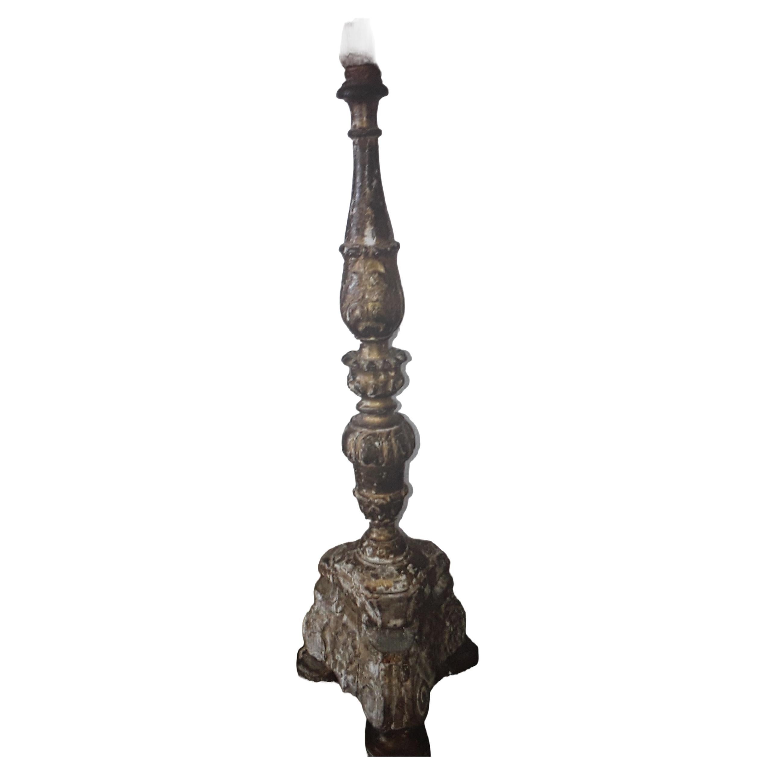 17thc Antique French Louis XVI Carved Wood Candle Holder/ Now a Lamp Gilt Traces For Sale