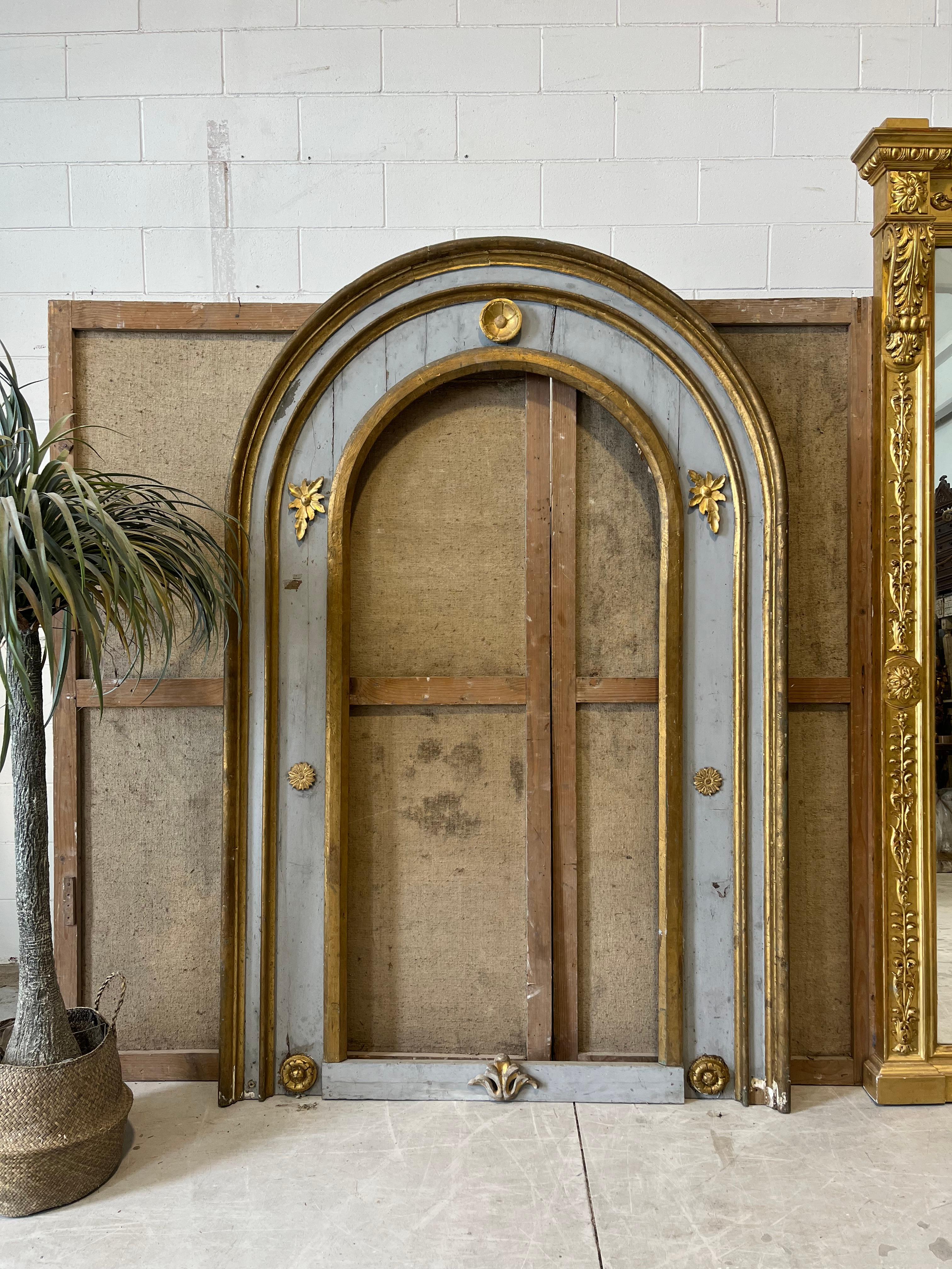 17thC arched frame with original lacquer and patina. Three gilt edges. Eight gilt carved details. Internal size for mirror or paintings: width 80 cm x height 177 cm.