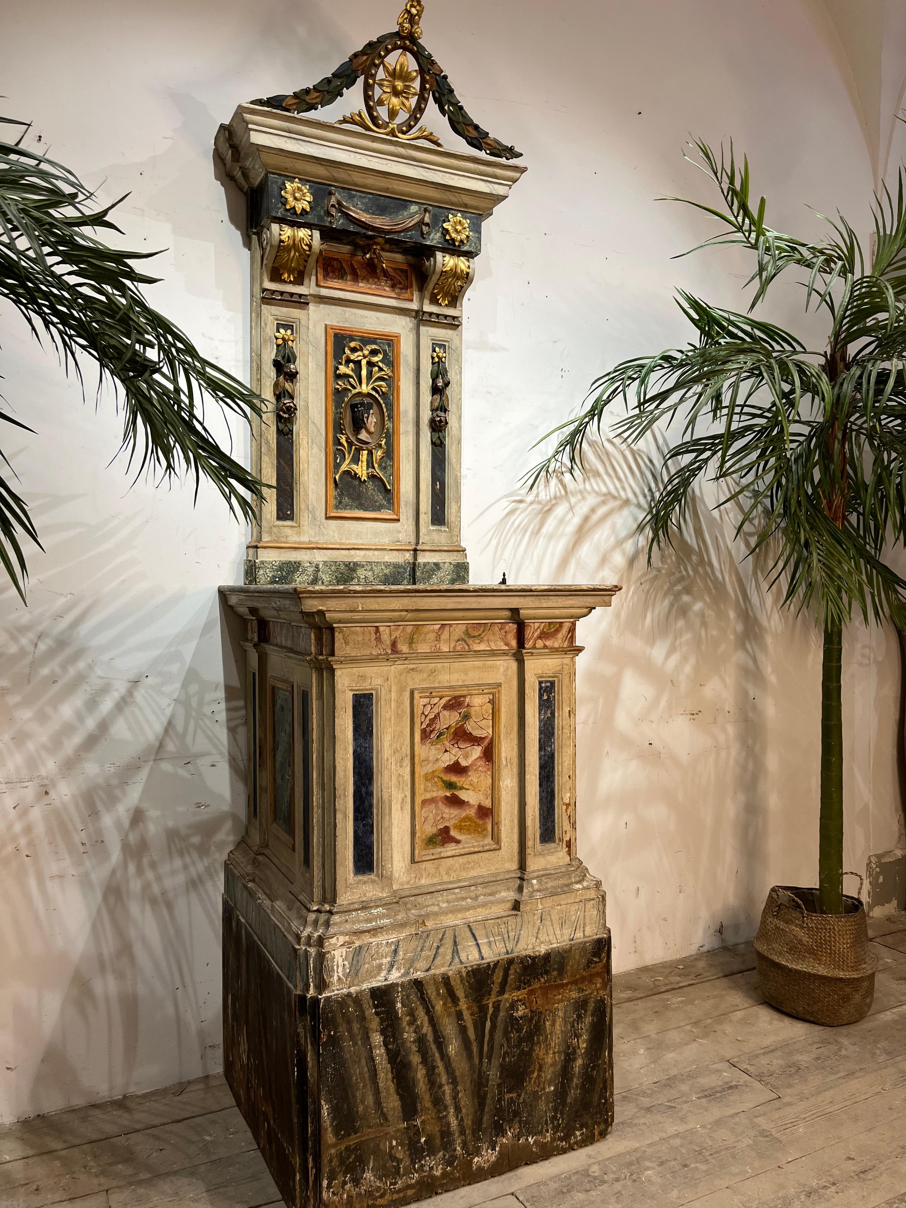 Louis XIV era church cattedra. At the centre the profile of a cleric, wearing the black doctoral biretta with four flaps , typical for doctorates of pontifical universities and departments. Beautiful watergilt details and fragments, polychromies and