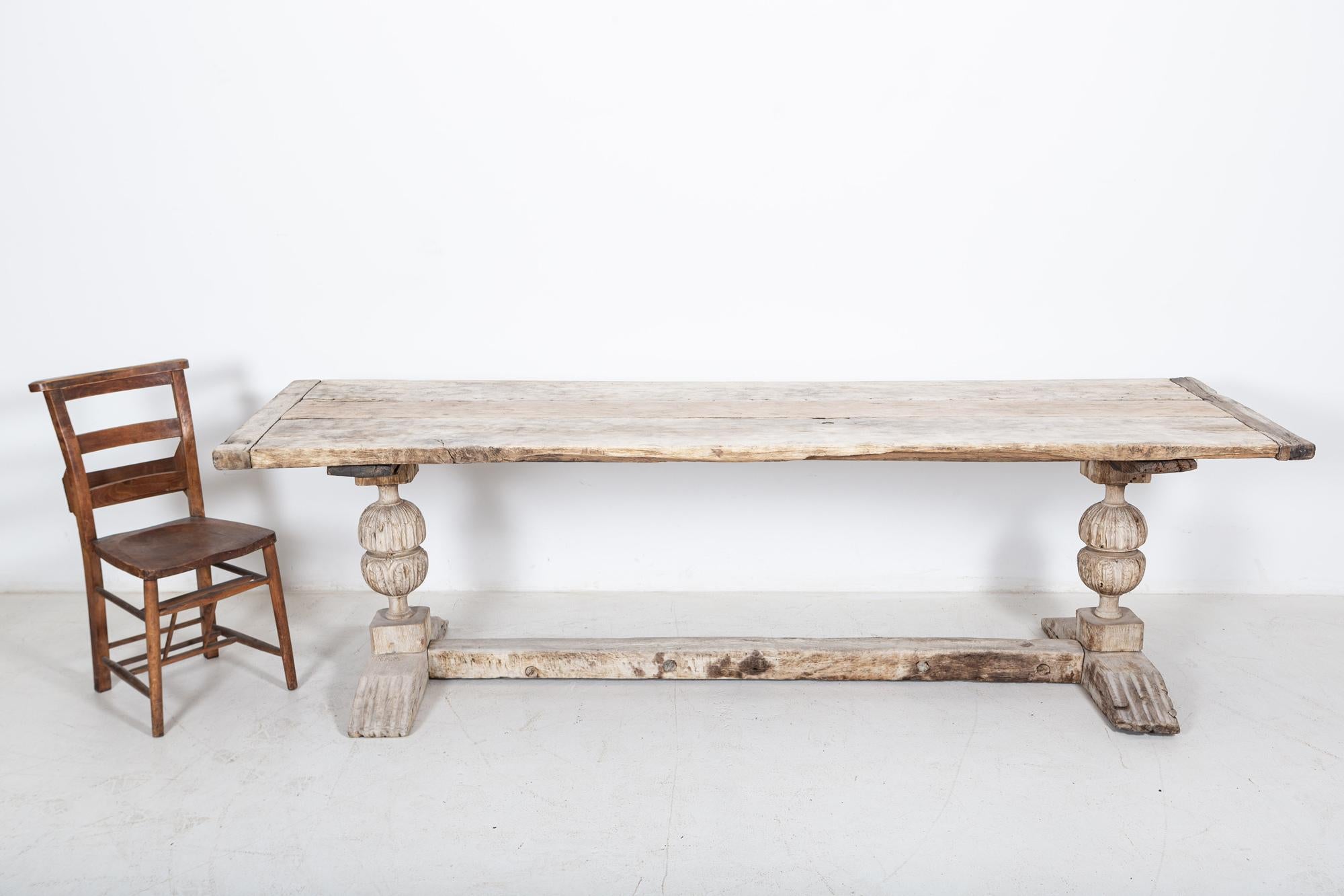 Circa. 1640

19thC Exceptional English Bleached Oak Refectory Table

Three plank oak top with bread board ends raised on bulbous carved cup and cover supports united by a central square cross-stretcher.

Joints have been strengthened

Sourced from