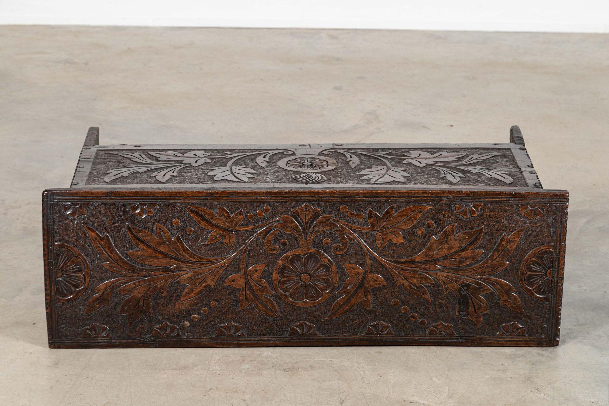 17thC English Carved Oak Coffer Chest For Sale 6
