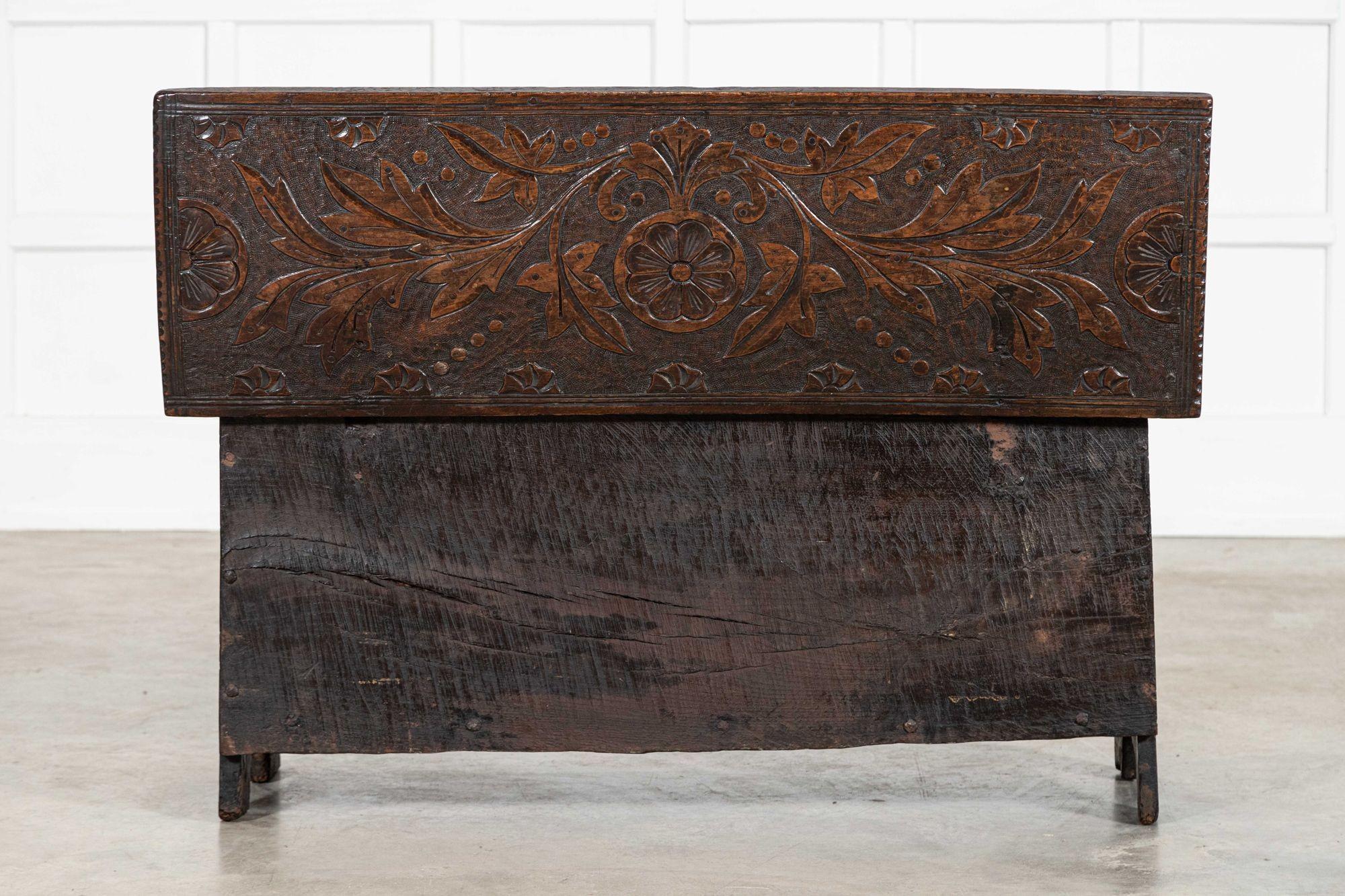 17thC English Carved Oak Coffer Chest For Sale 7