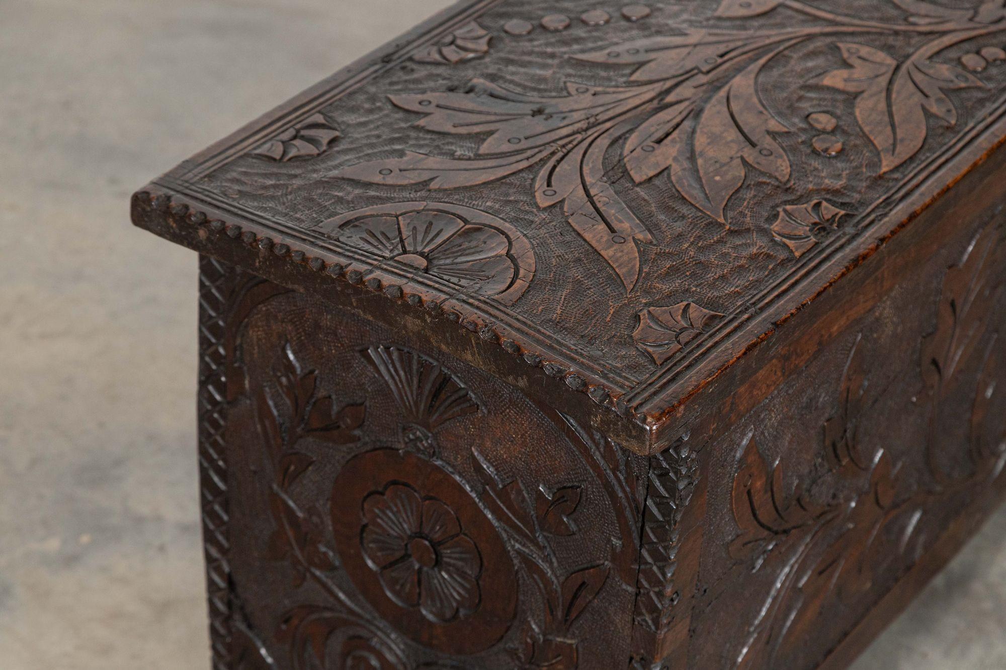 17thC English Carved Oak Coffer Chest For Sale 9