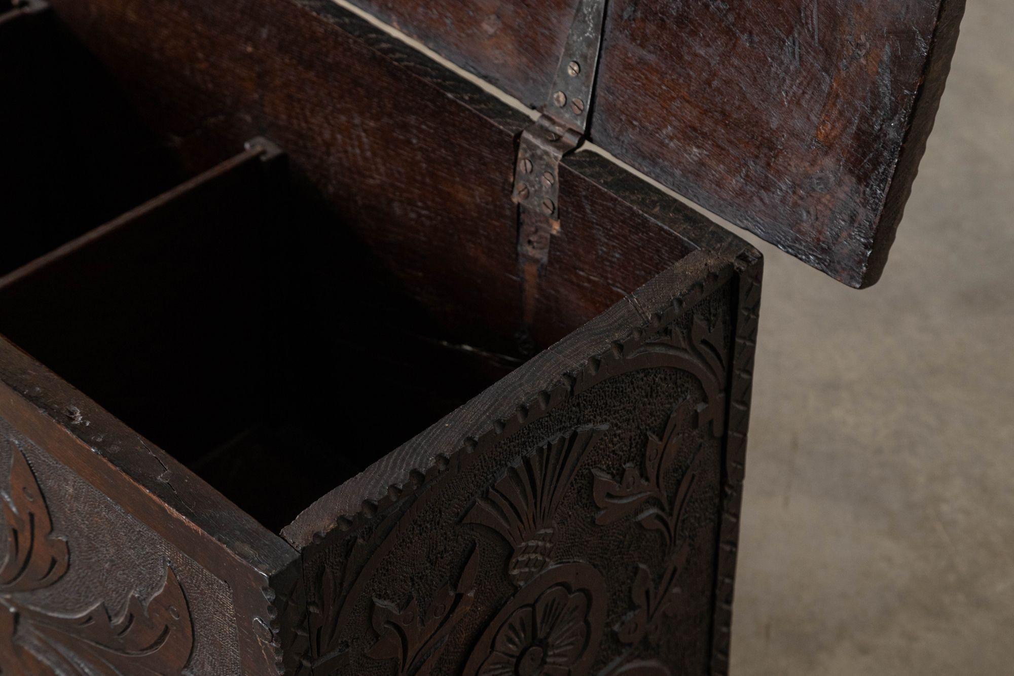 17thC English Carved Oak Coffer Chest For Sale 13