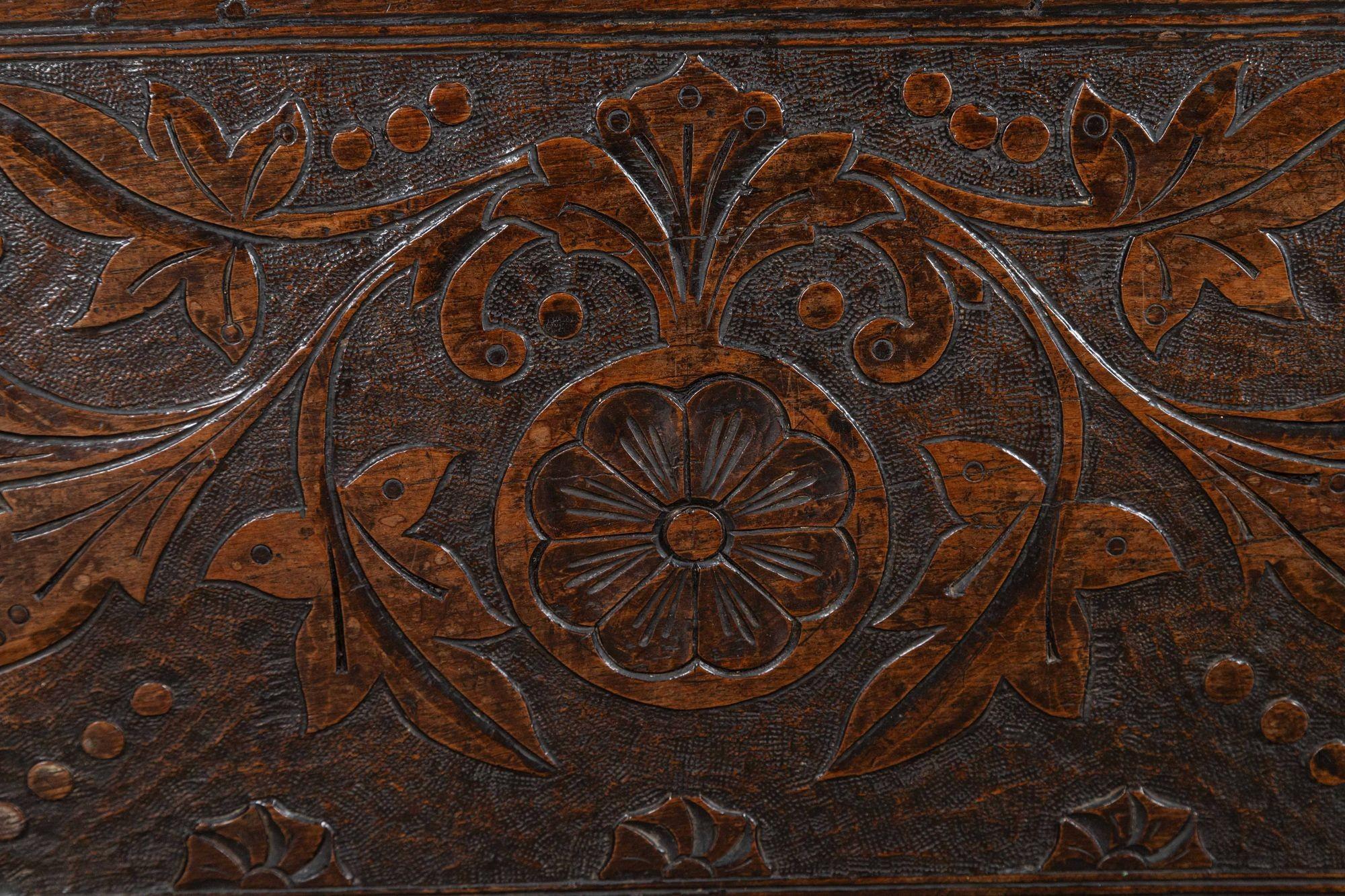 circa 1690
17thC English Carved Oak Coffer Chest
sku 2104
W115 x D37 x H51.5 cm
Weight 35Kg