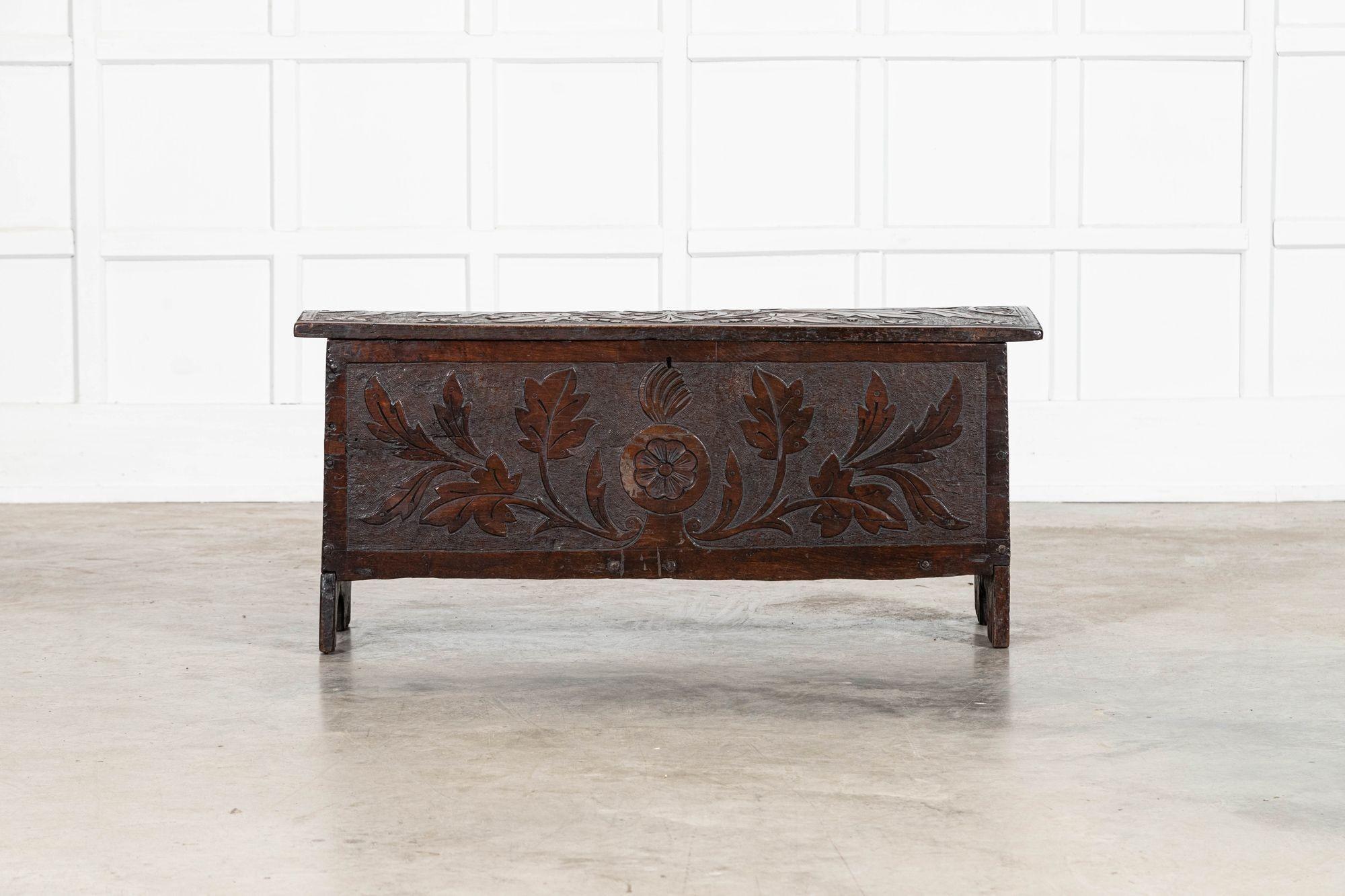 17thC English Carved Oak Coffer Chest In Good Condition For Sale In Staffordshire, GB