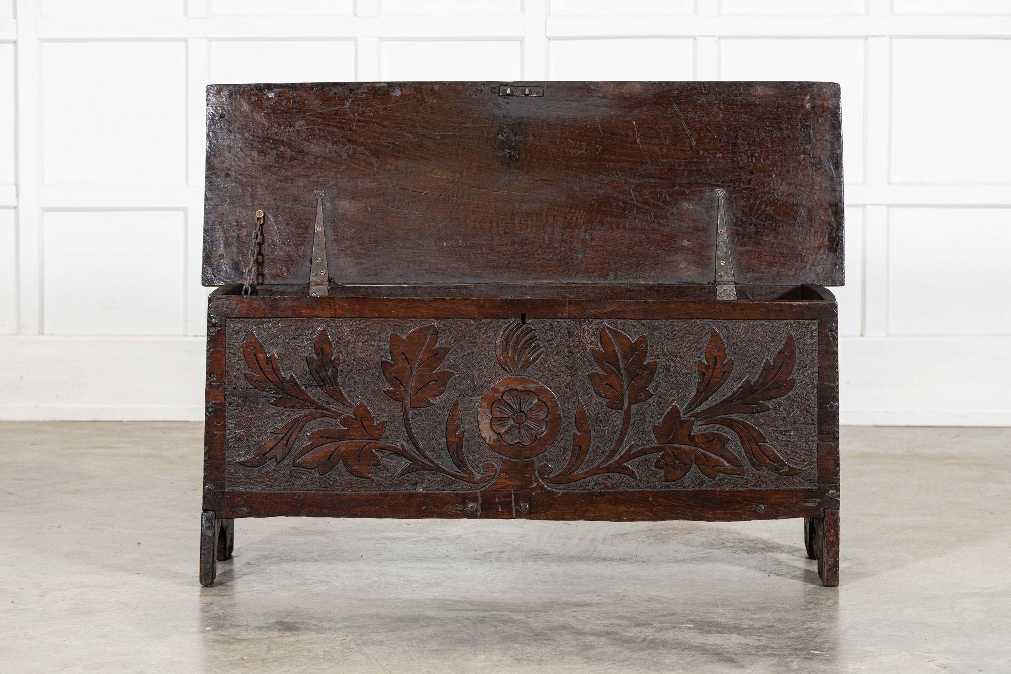 18th Century and Earlier 17thC English Carved Oak Coffer Chest For Sale