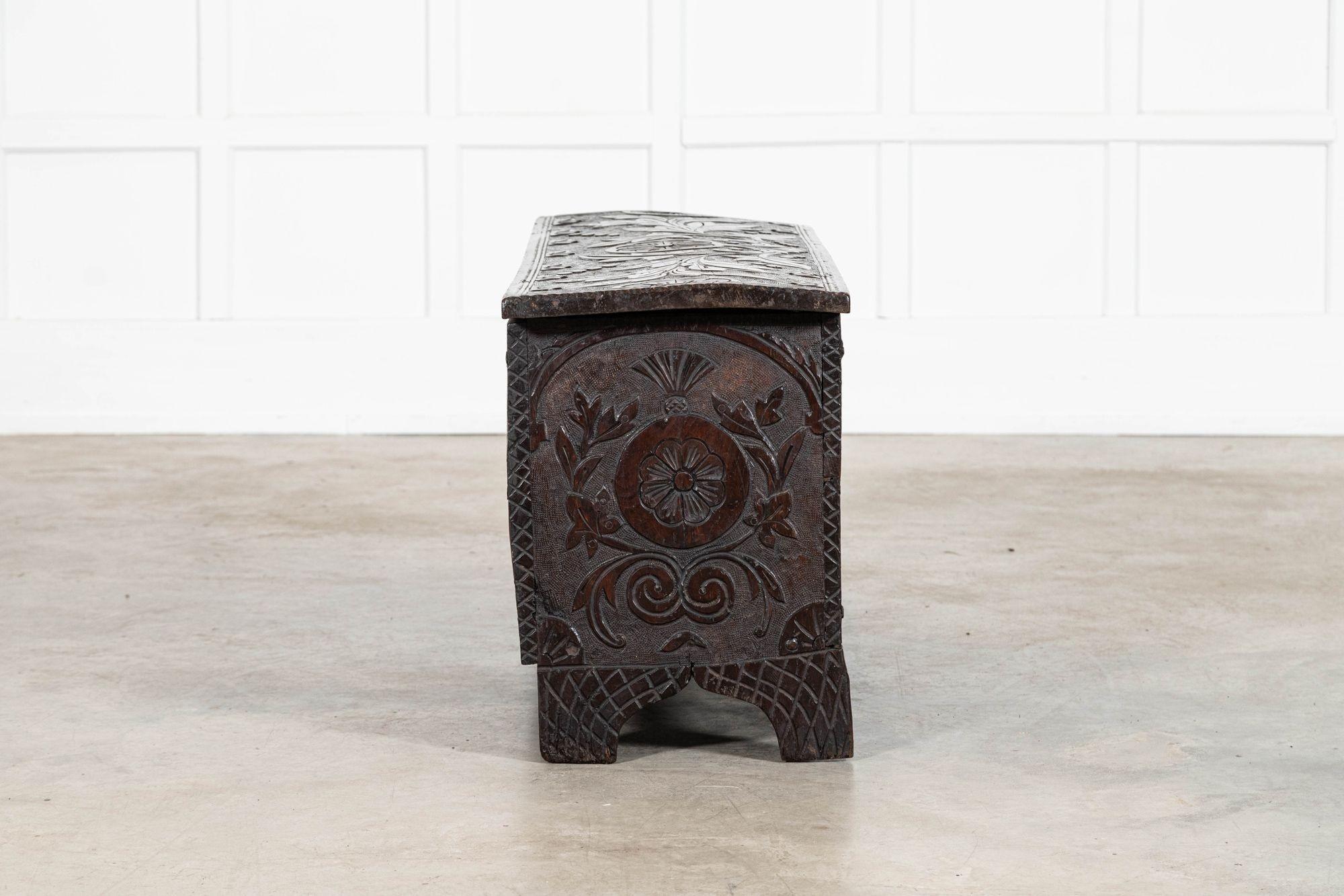 17thC English Carved Oak Coffer Chest For Sale 4