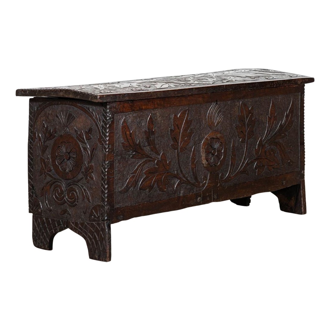 17thC English Carved Oak Coffer Chest For Sale