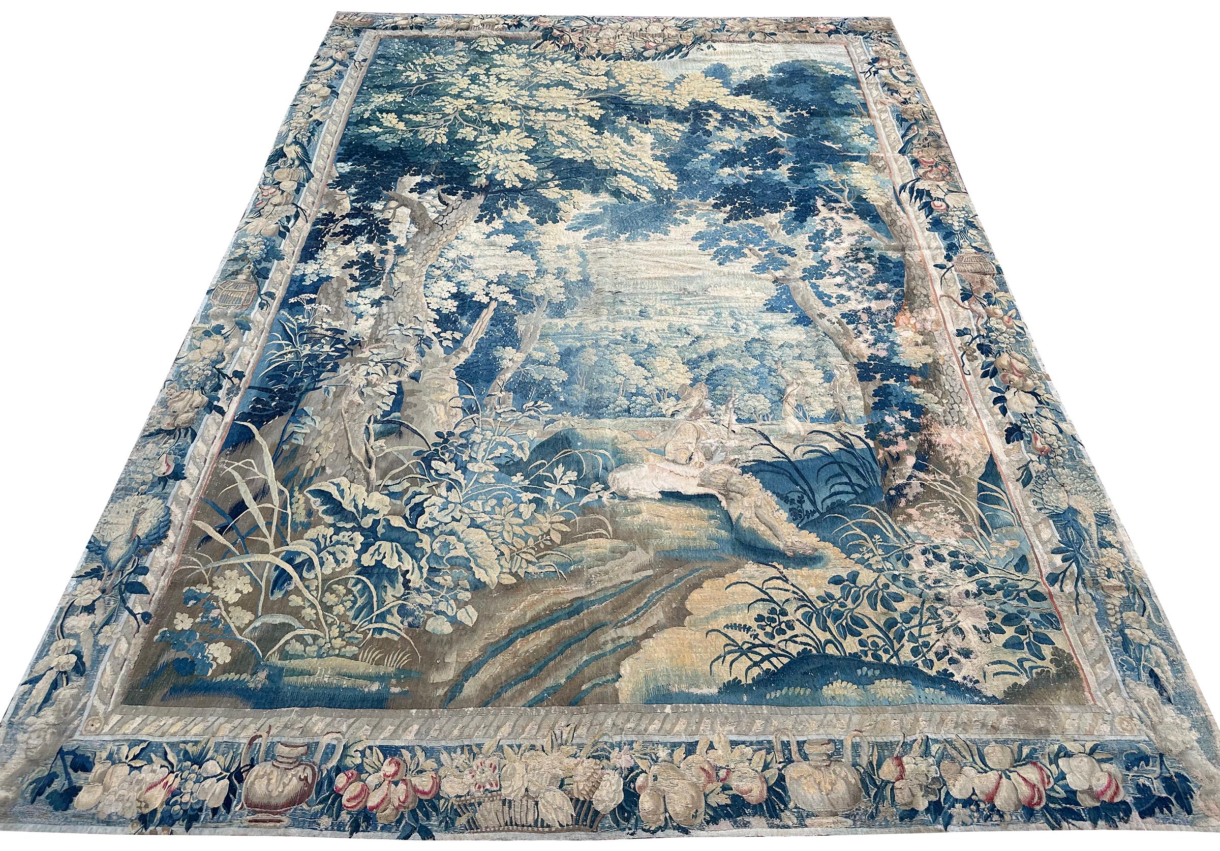Siglo XVII Antique French Tapestry Rare Verdure Fine Wool & Silk  8x11ft

