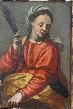 17th Century Italian Old Master Oil on Wood Panel Portrait of Female Saint