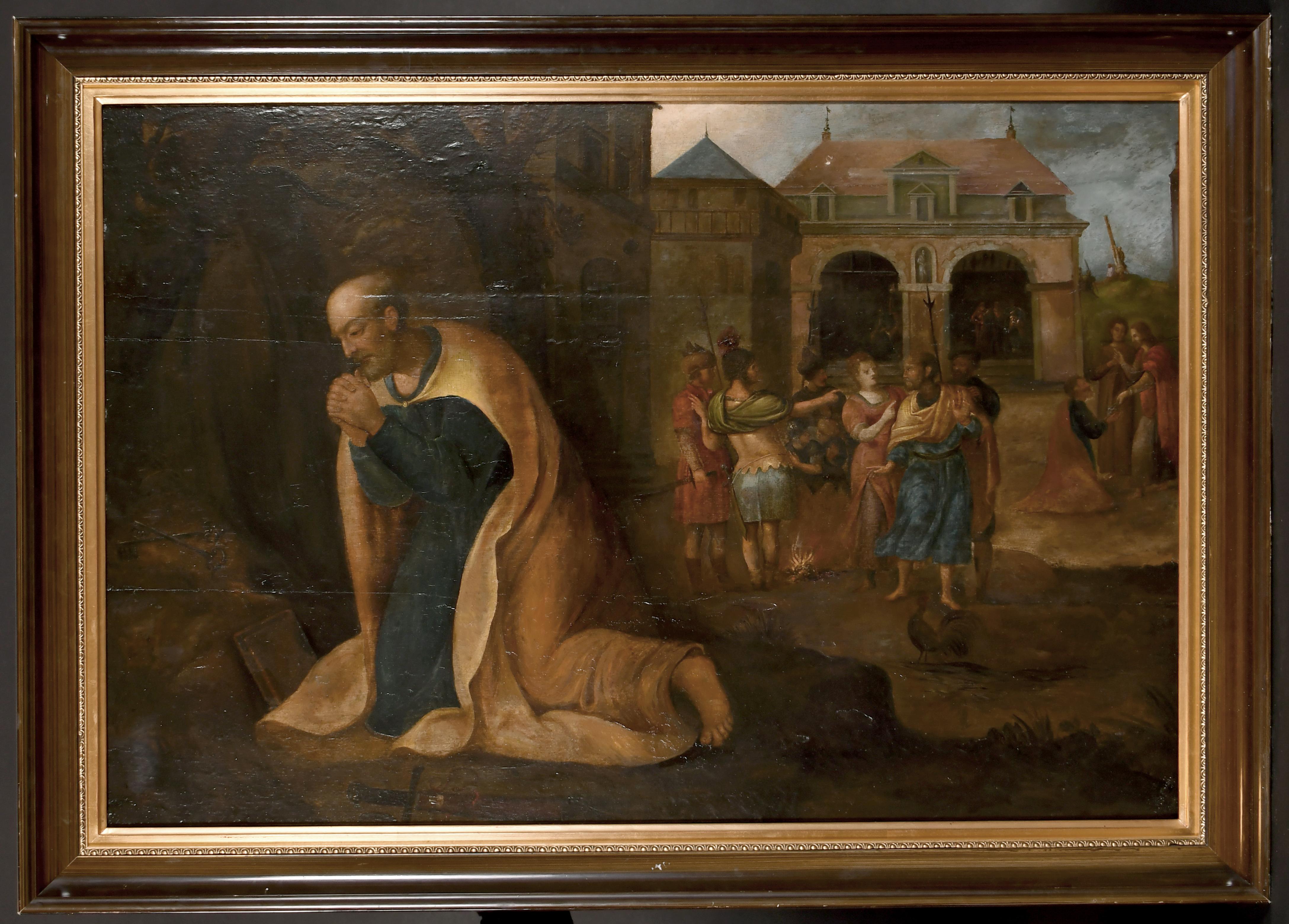 Huge 17th Century Italian Old Master Oil on Wood Panel Kneeling Saint & Figures - Painting by 17thC Italian Old Master