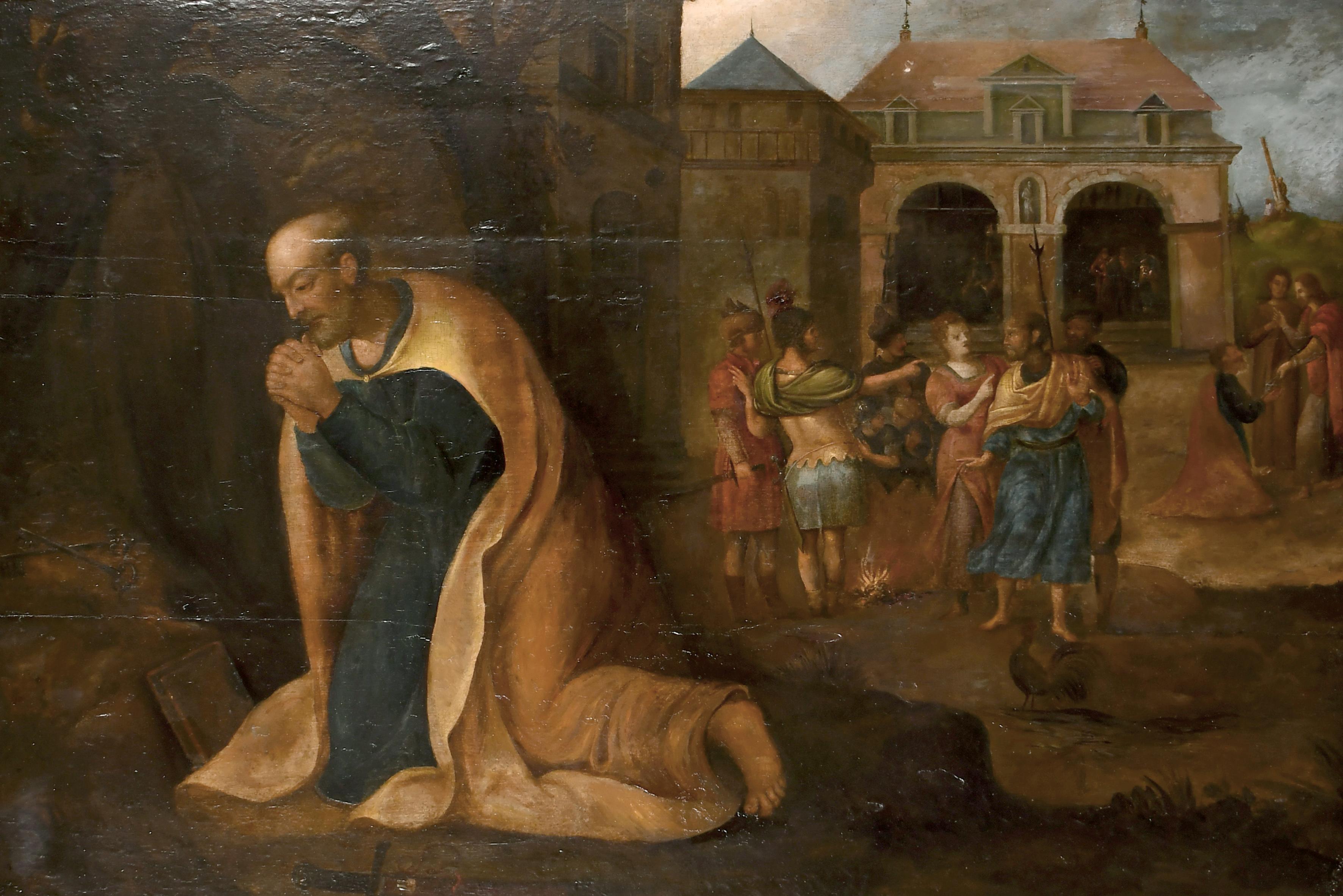 Huge 17th Century Italian Old Master Oil on Wood Panel Kneeling Saint & Figures