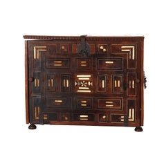 17thC Mahogany Spanish Vargueno With Bone Inlay & Wrought Iron Hardware c1670