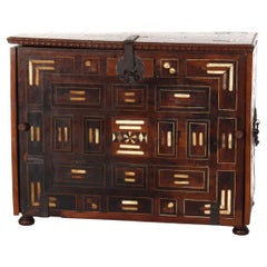 17thC Mahogany Spanish Vargueno With Bone Inlay & Wrought Iron Hardware c1670